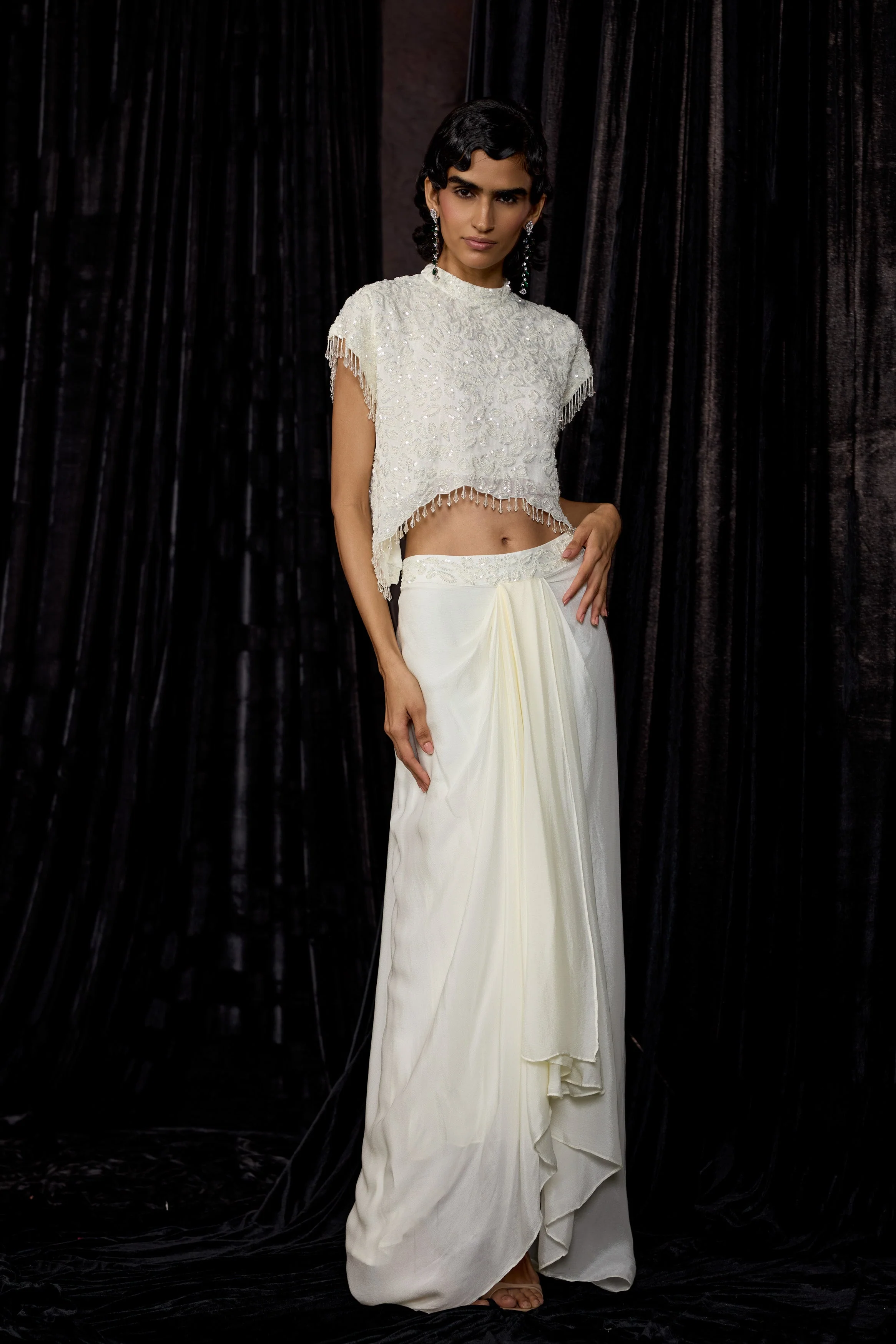 Cream White Embellished Chinon Silk Drape Skirt Set - Image 6