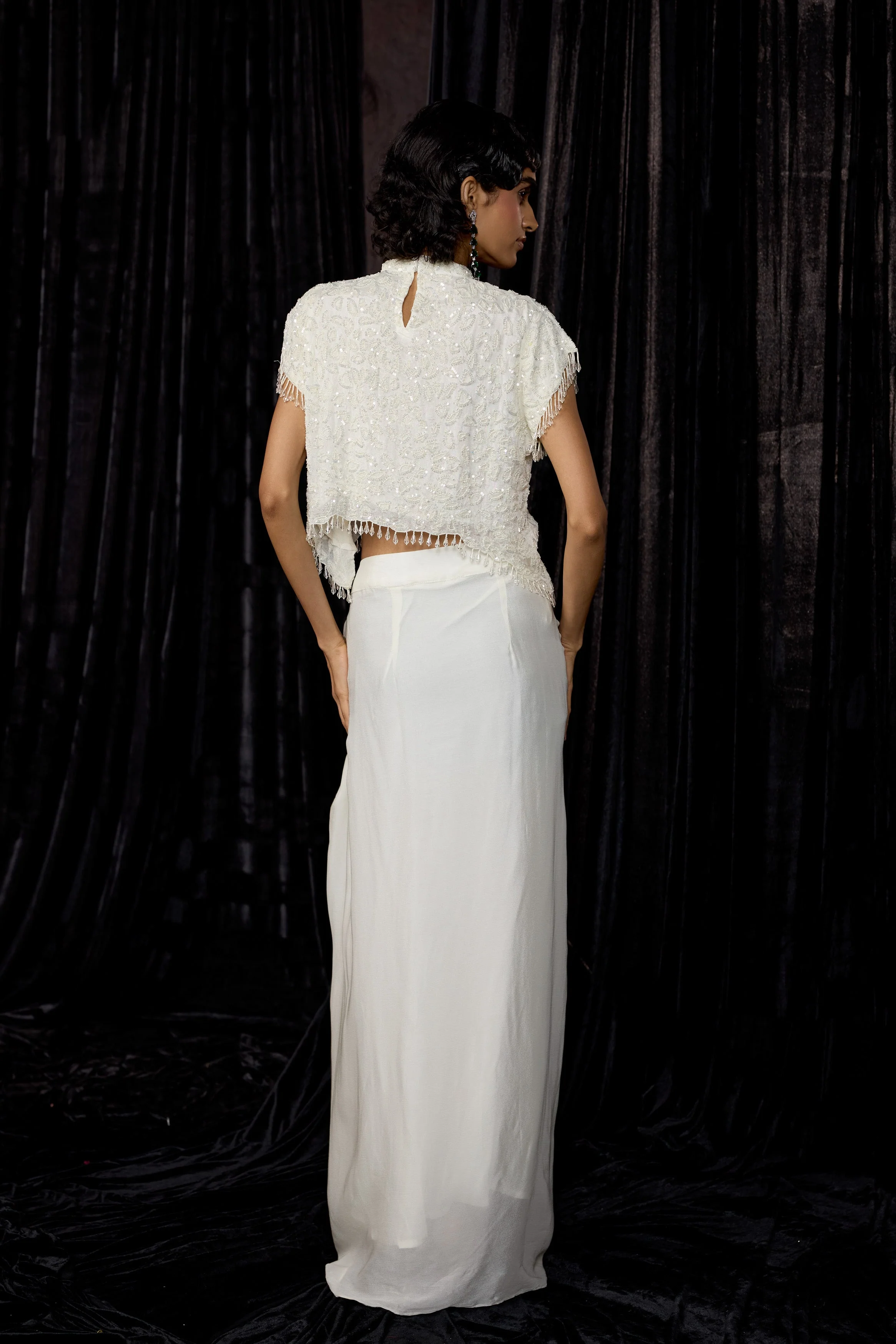 Cream White Embellished Chinon Silk Drape Skirt Set - Image 7