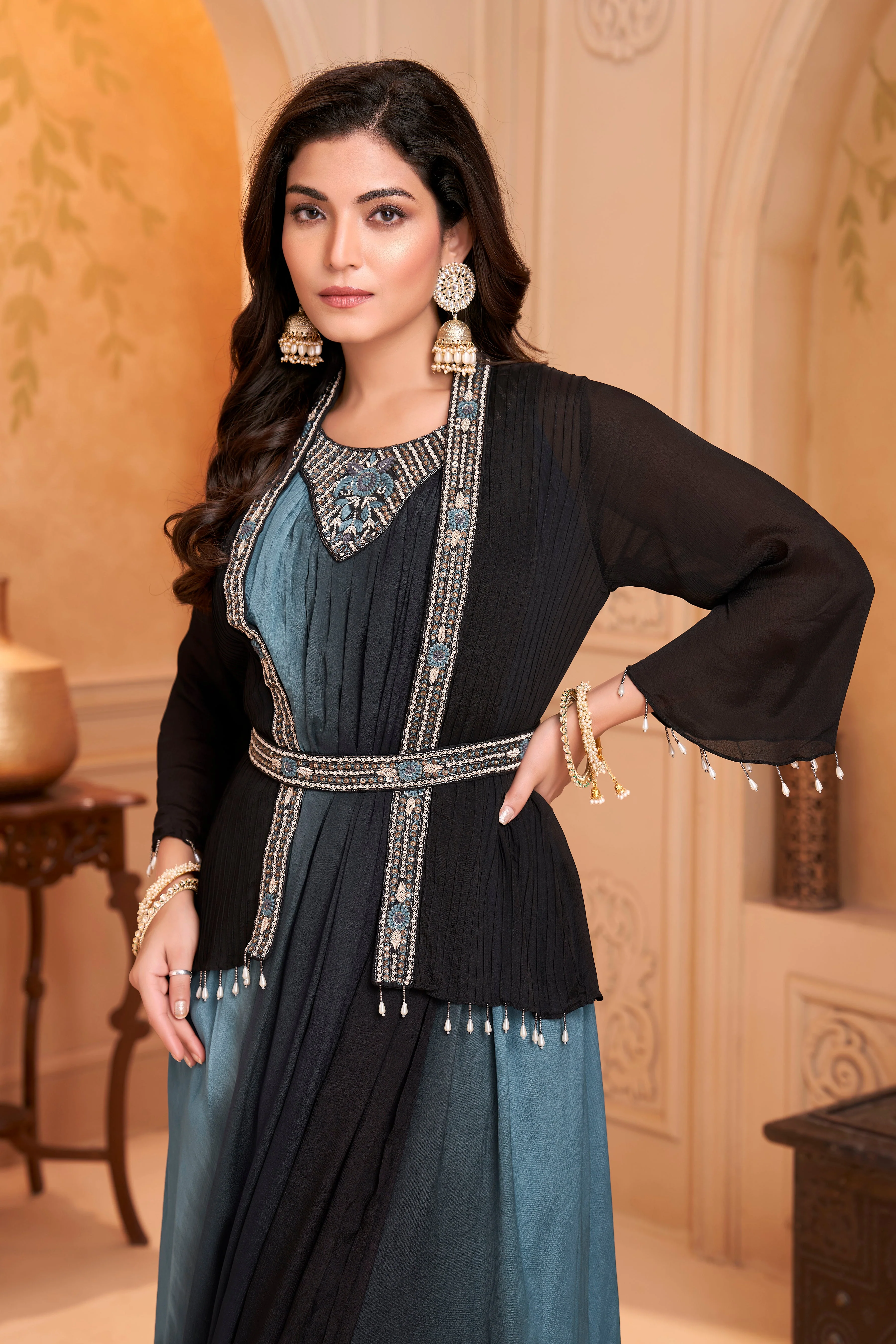 Slate Blue Embellished Chinon Silk Drape Dress - Image 2