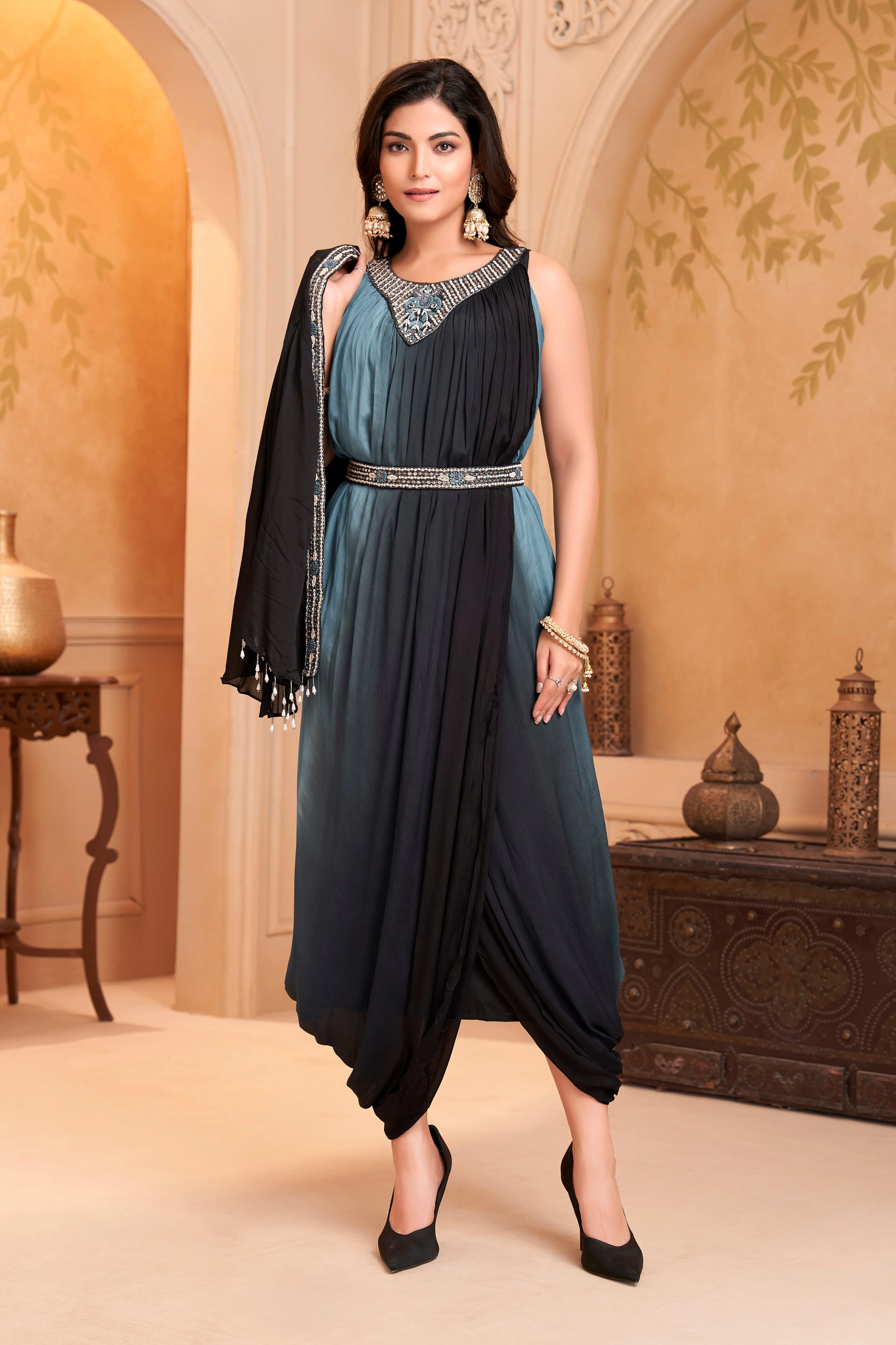 Slate Blue Embellished Chinon Silk Drape Dress - Image 3