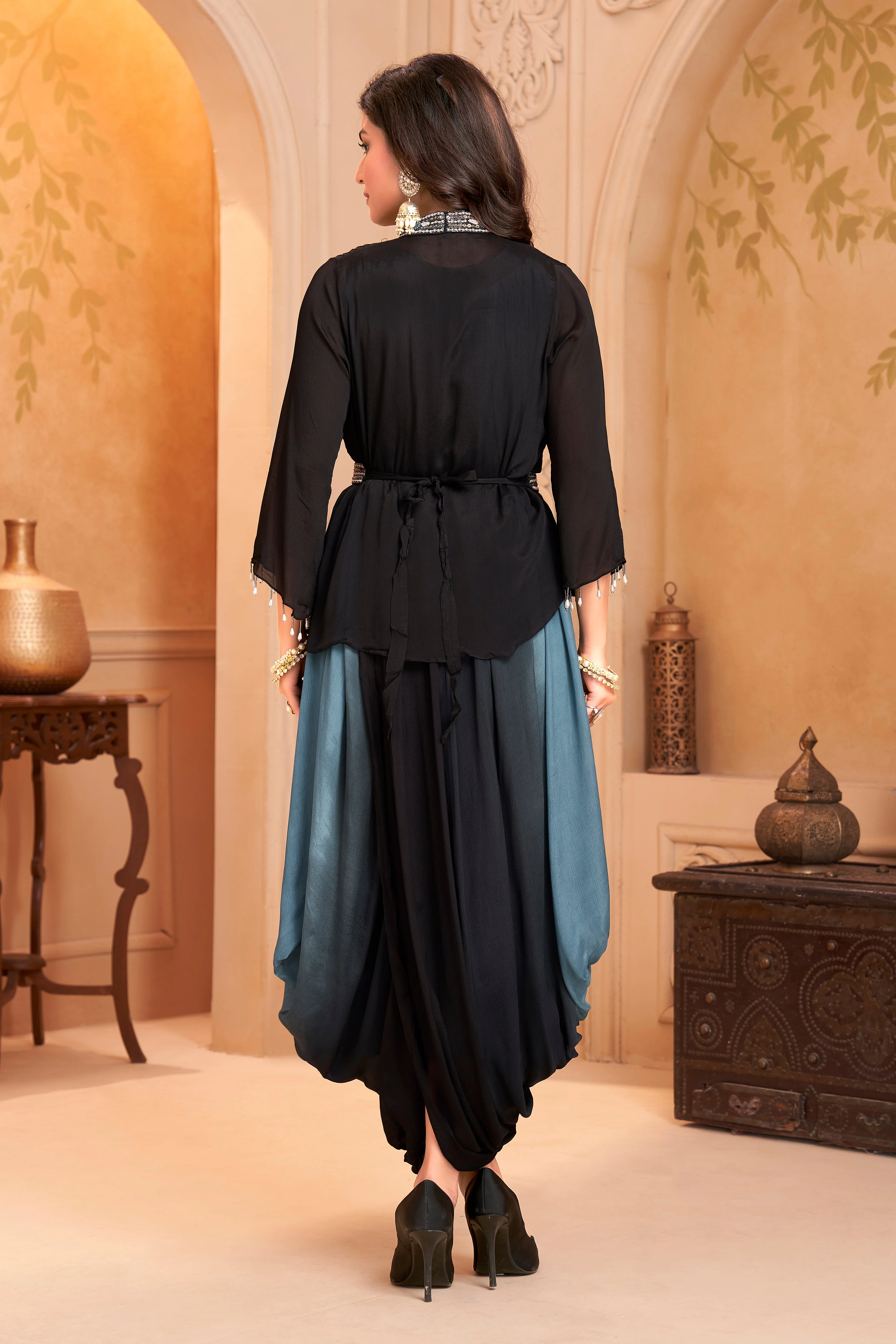 Slate Blue Embellished Chinon Silk Drape Dress - Image 4
