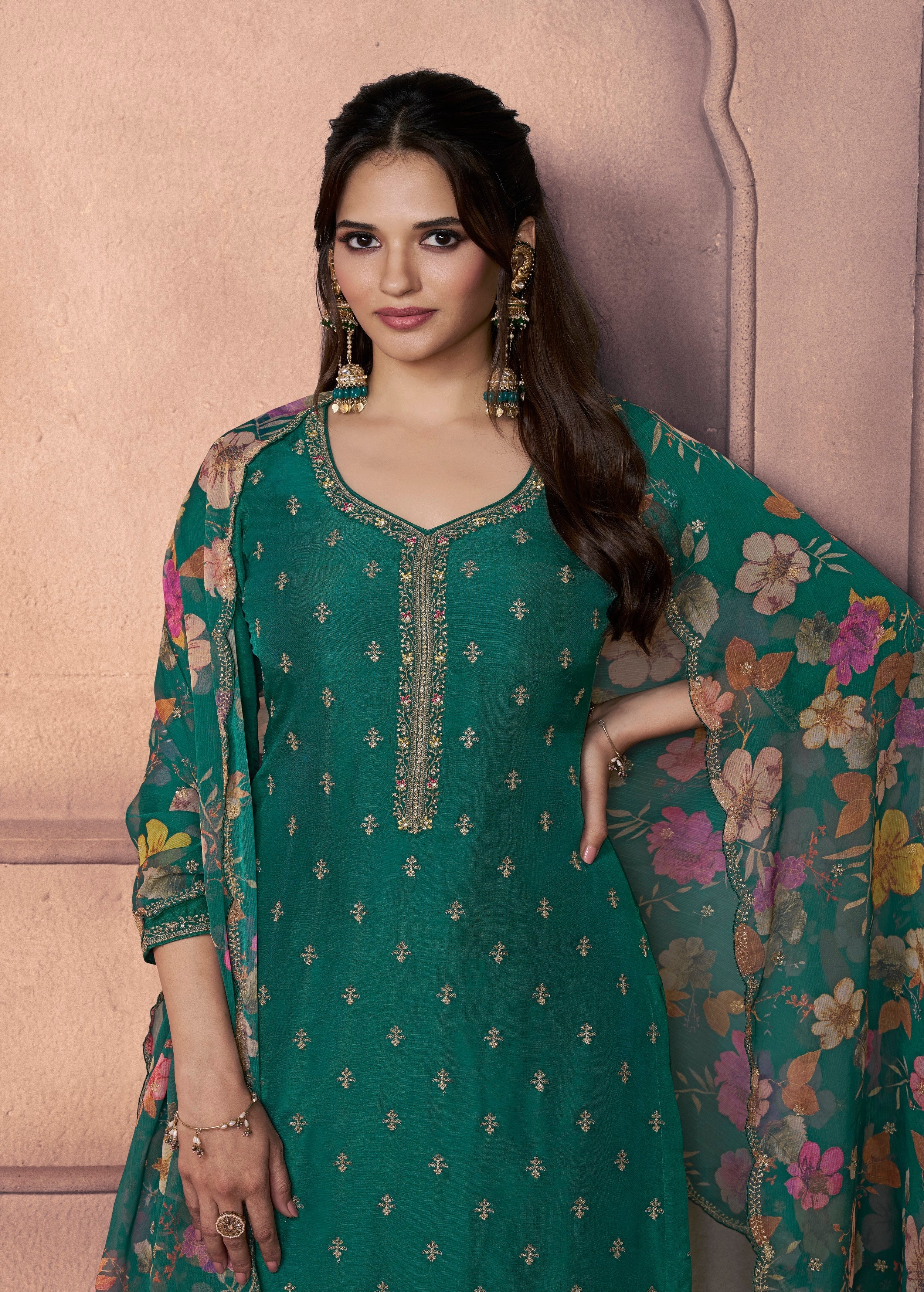 Emerald Green Embellished Dola Silk Pant Set - Image 2