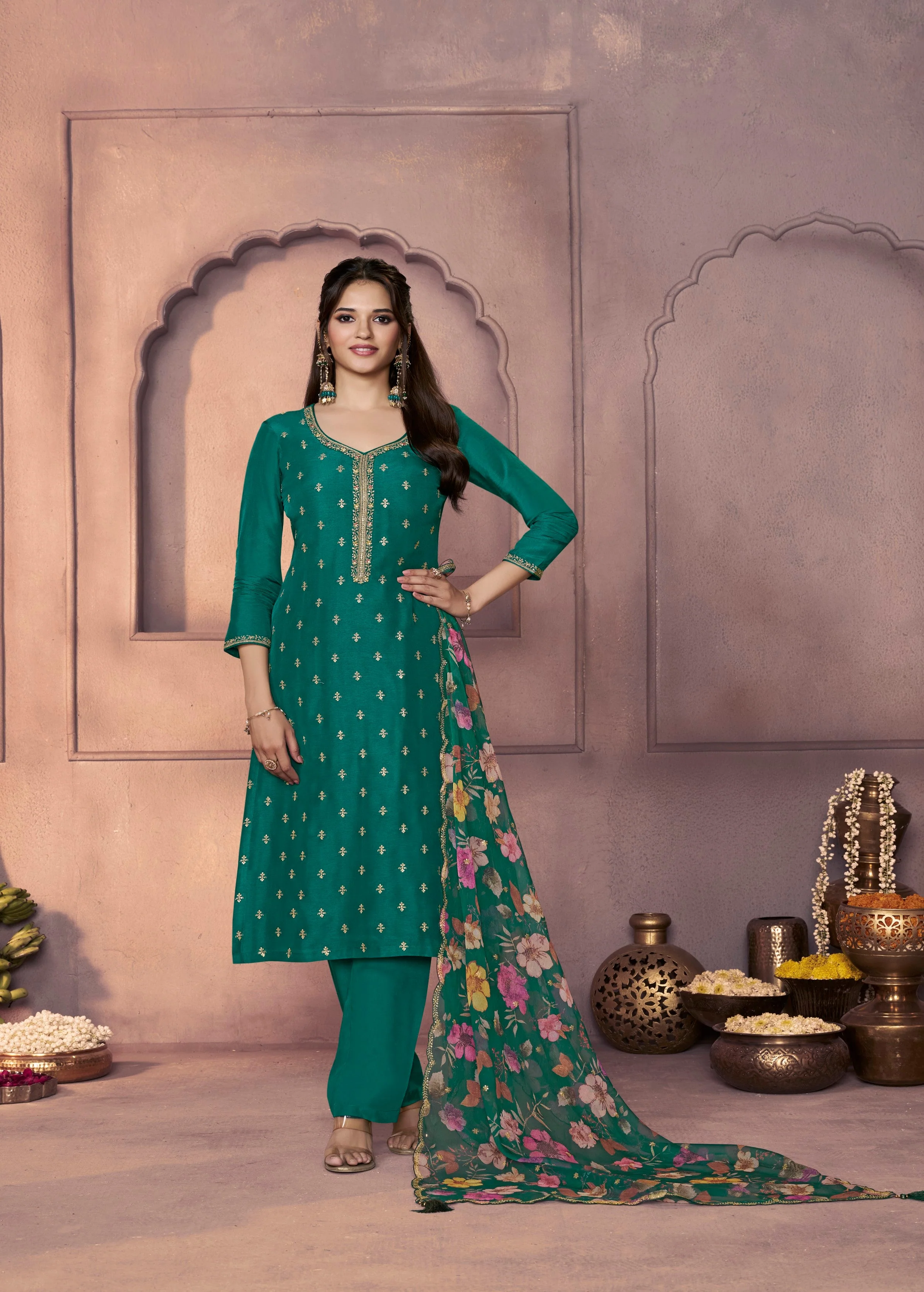 Emerald Green Embellished Dola Silk Pant Set - Image 4