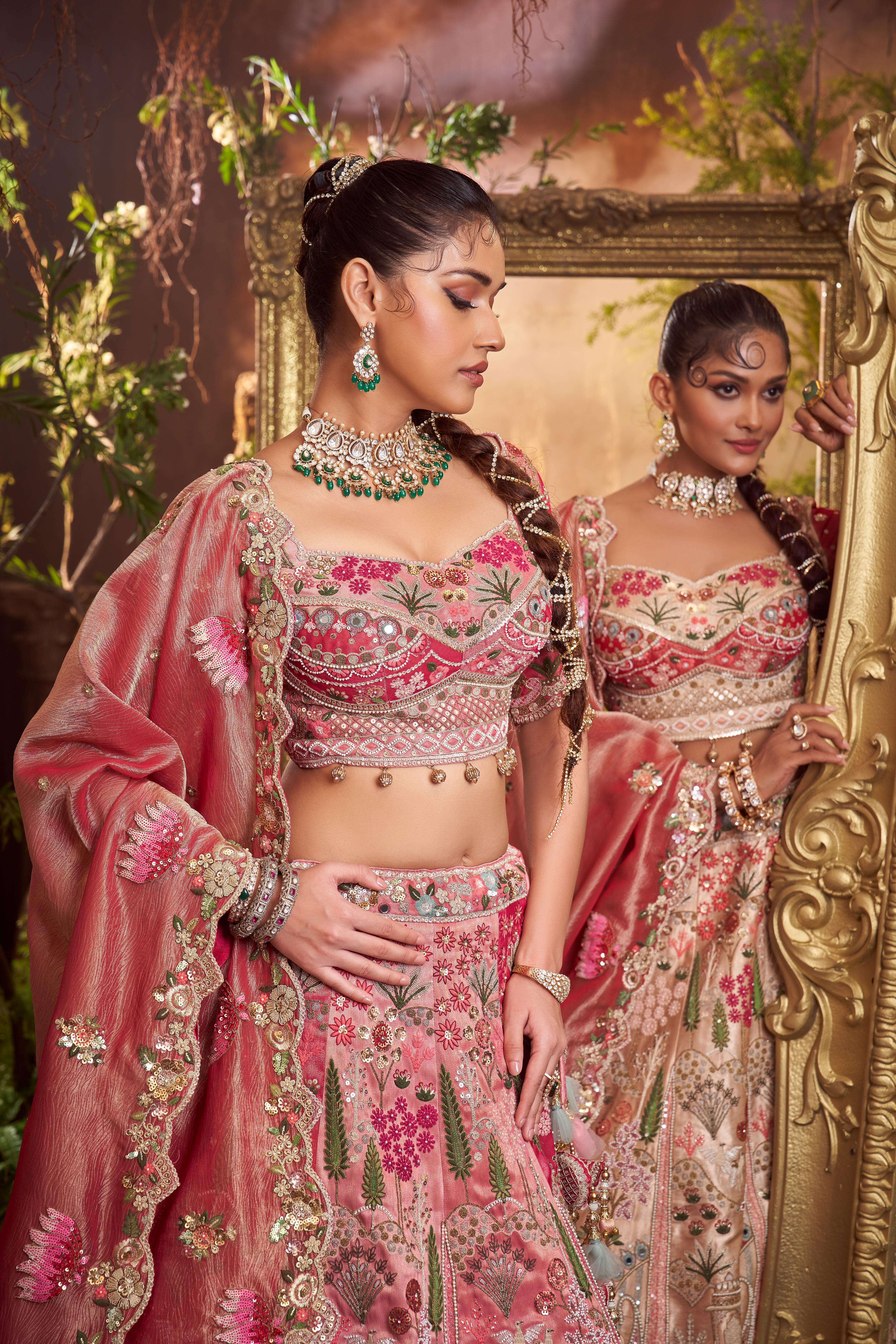 Deep Rose Pink Embellished Shimmer Tissue Silk Lehenga Set - Image 3