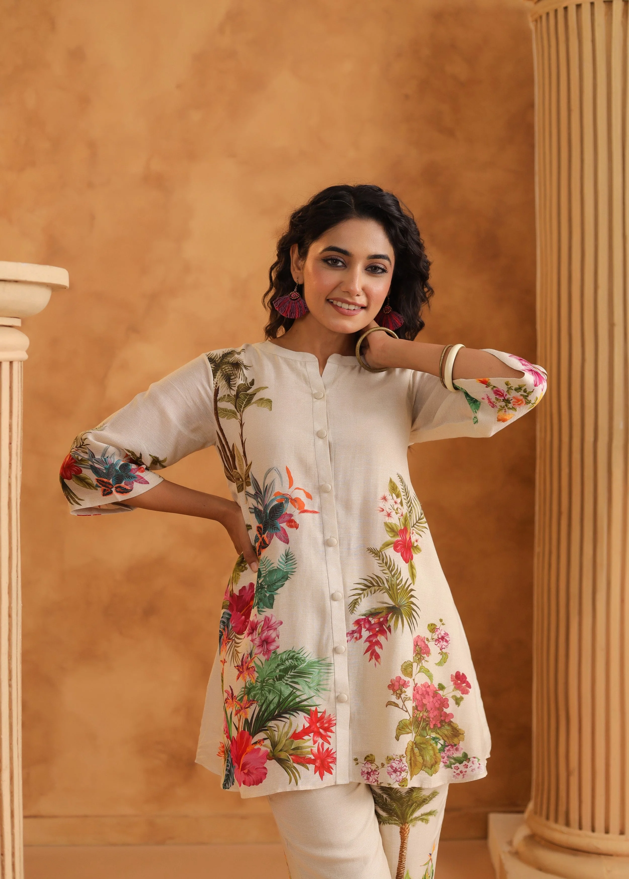 Cream White Floral Printed Pure Linen Co-Ord Set - Image 2