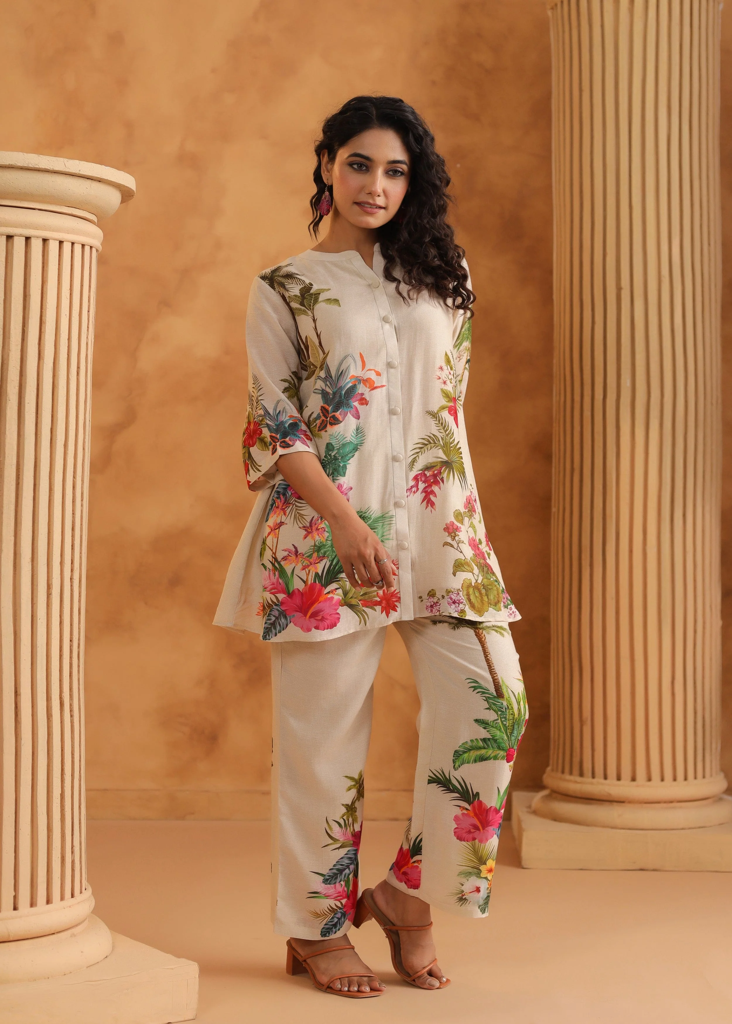Cream White Floral Printed Pure Linen Co-Ord Set - Image 3