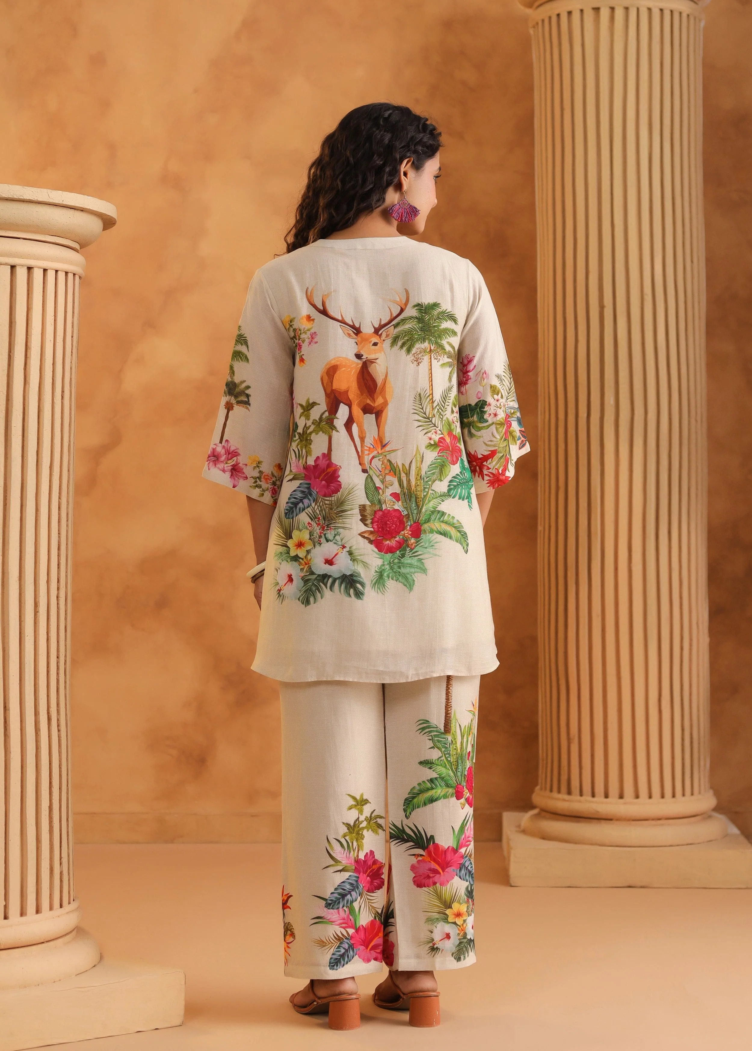 Cream White Floral Printed Pure Linen Co-Ord Set - Image 5