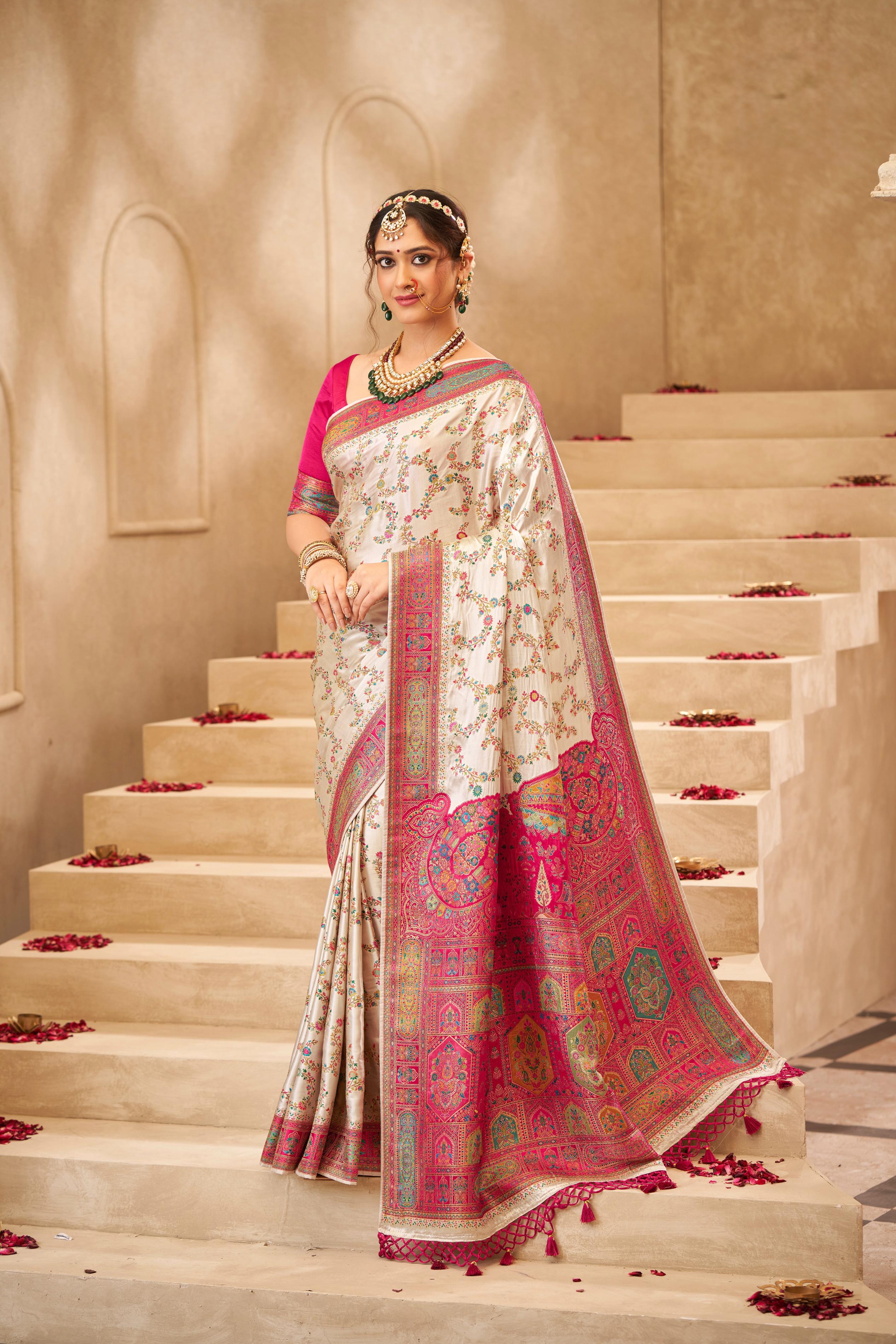 Cream With Handwork Dola Silk Saree - Image 2