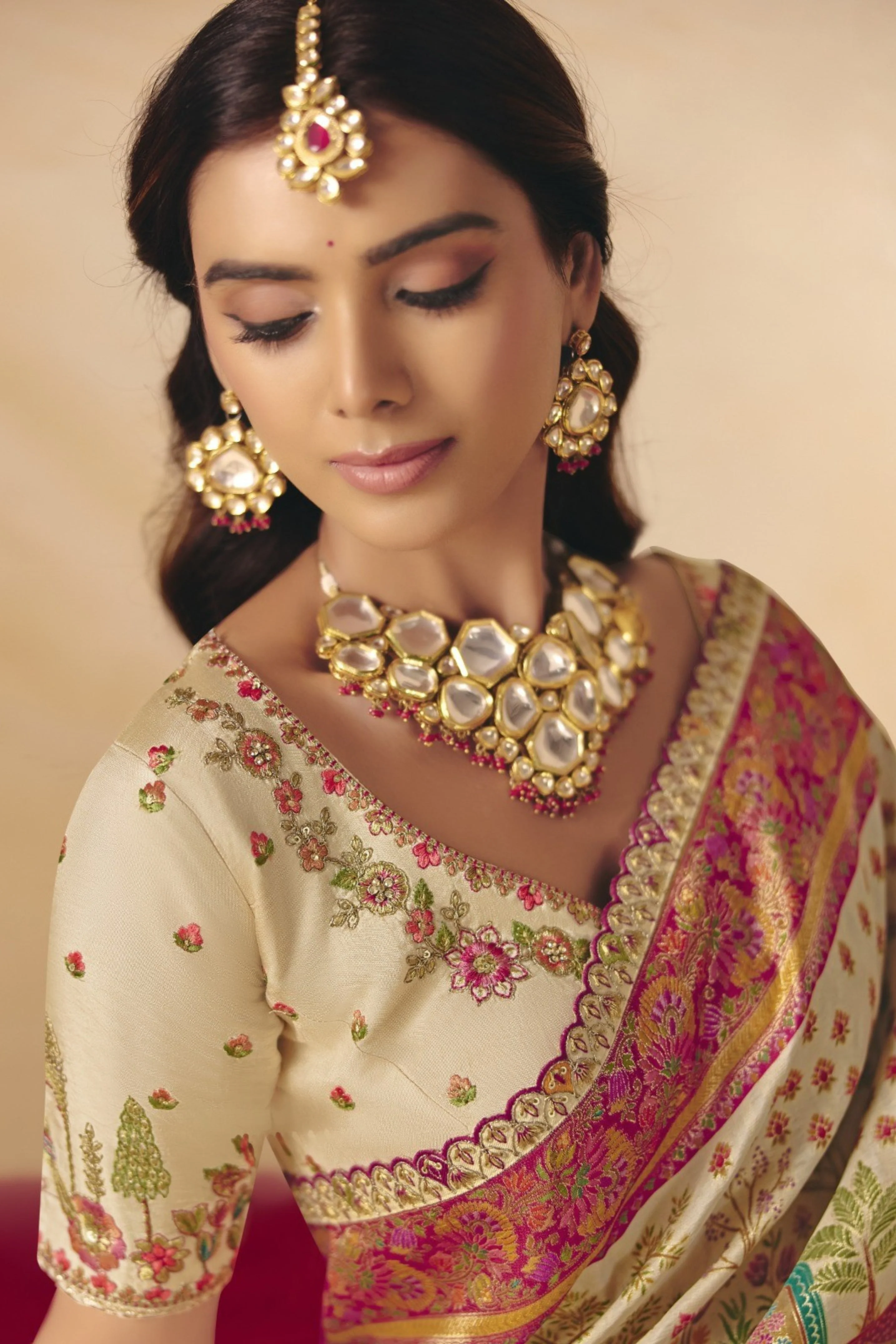 Creamy Beige Embellished Dola Silk Saree - Image 2