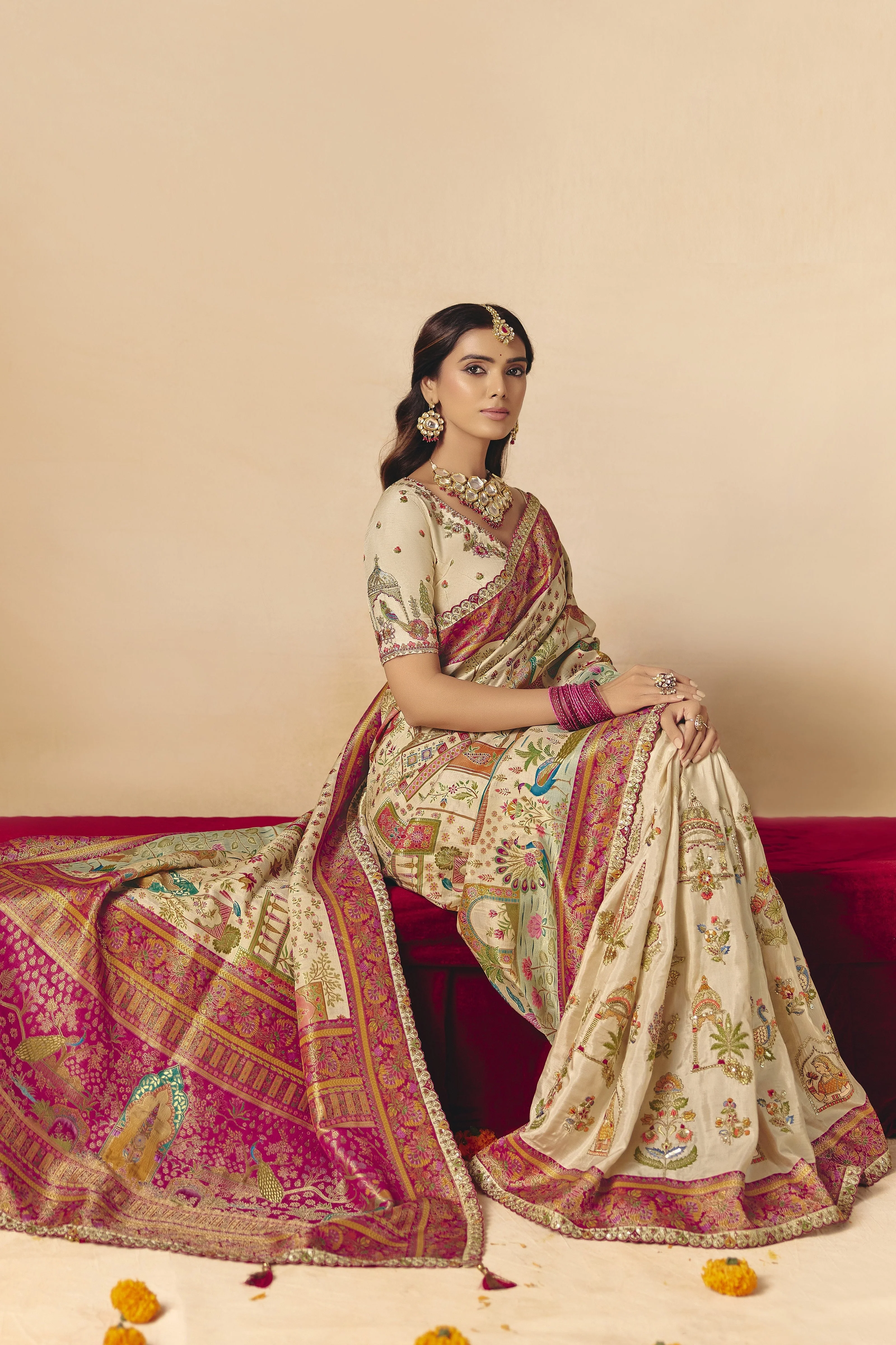 Creamy Beige Embellished Dola Silk Saree - Image 3