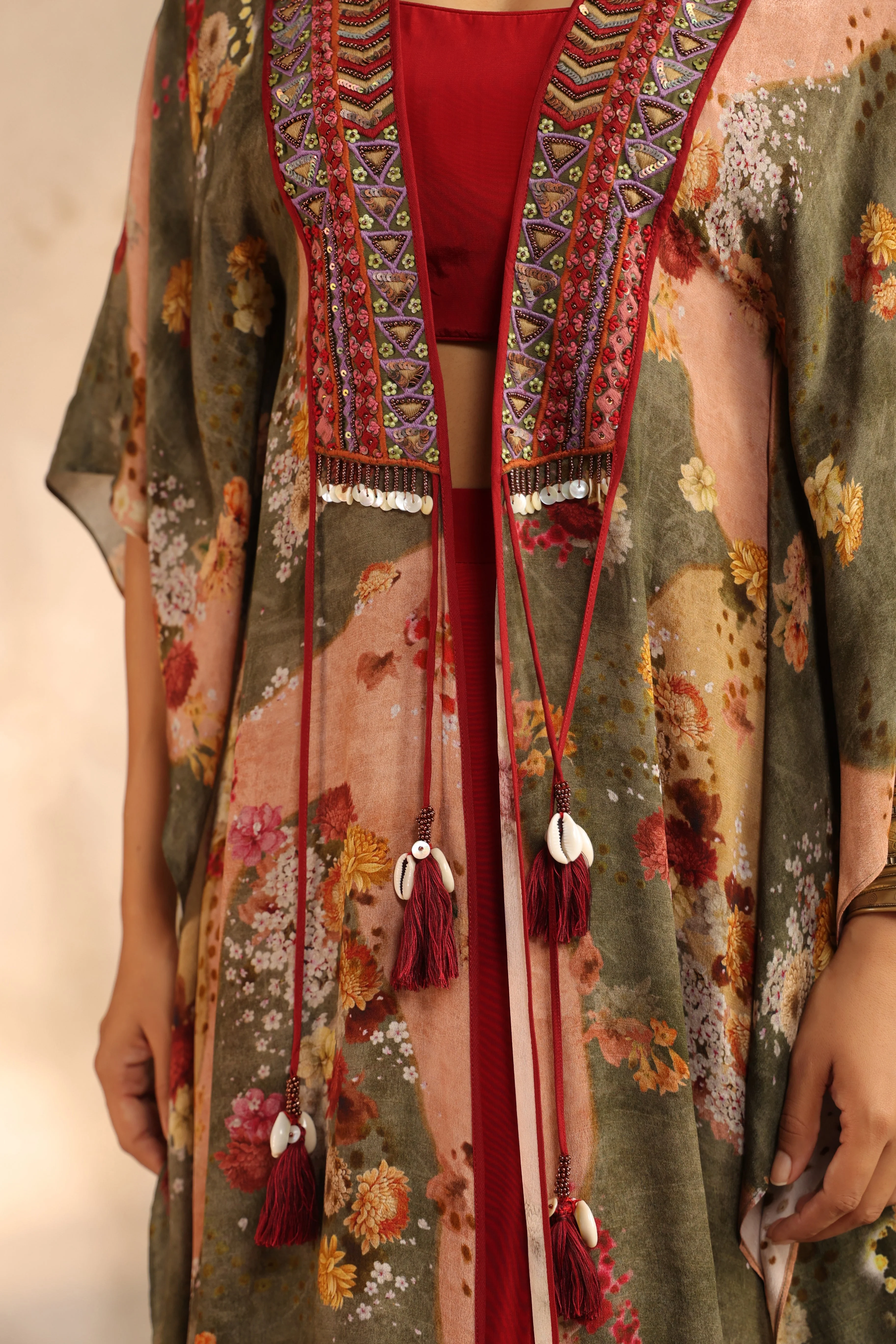 Vibrant Red Printed Viscose Crepe Cape Set - Image 2
