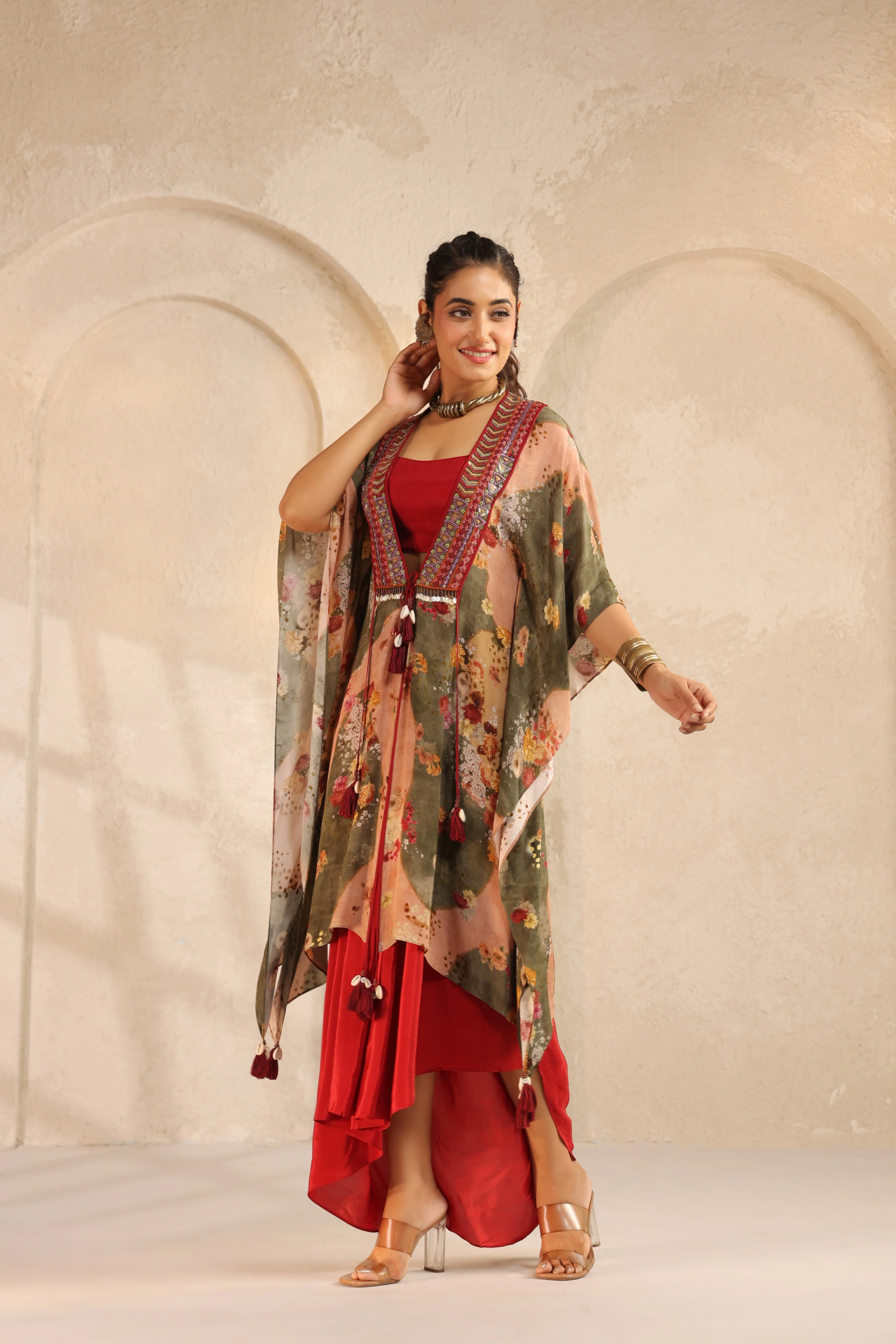 Vibrant Red Printed Viscose Crepe Cape Set - Image 3