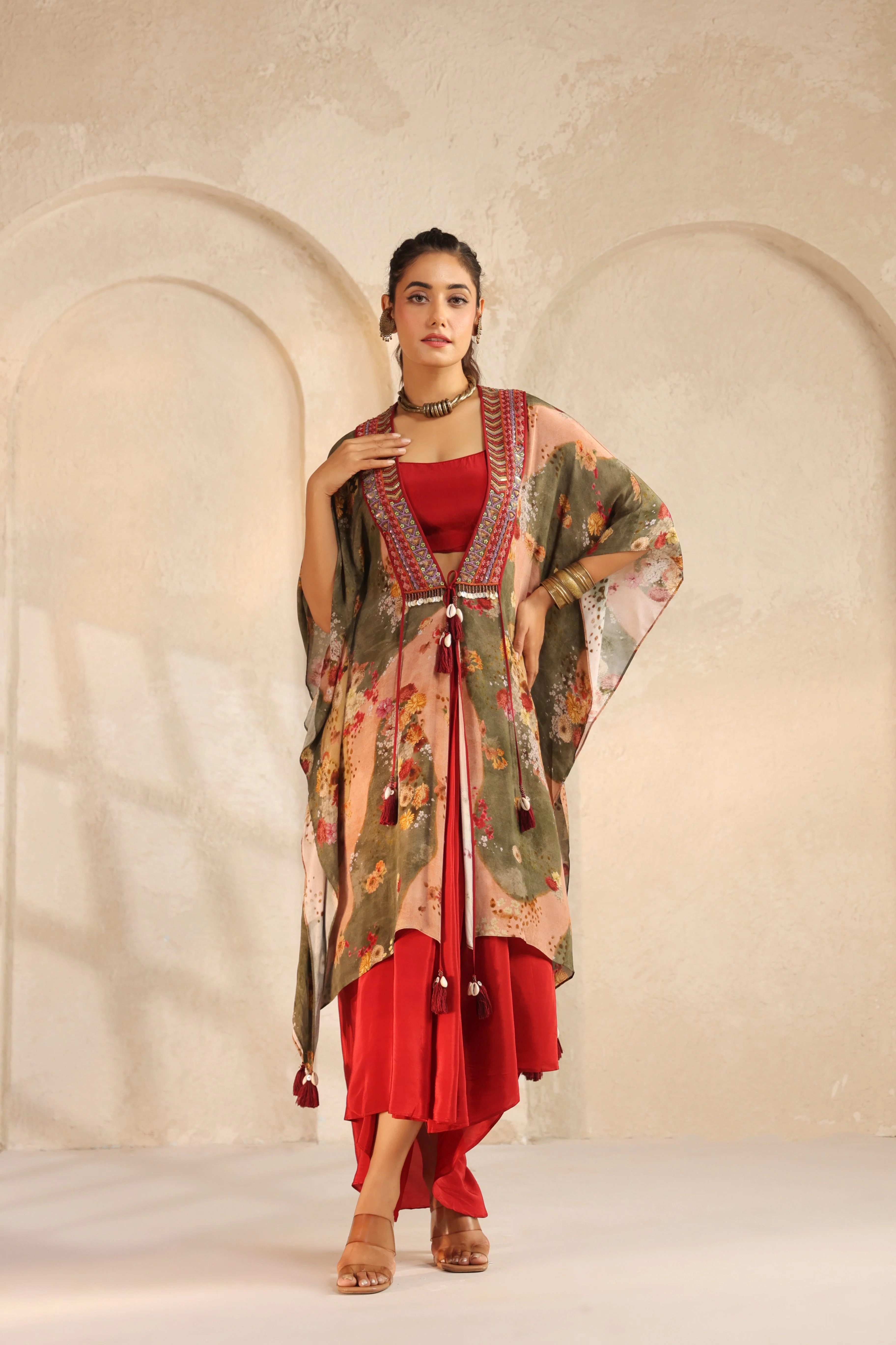 Vibrant Red Printed Viscose Crepe Cape Set - Image 4