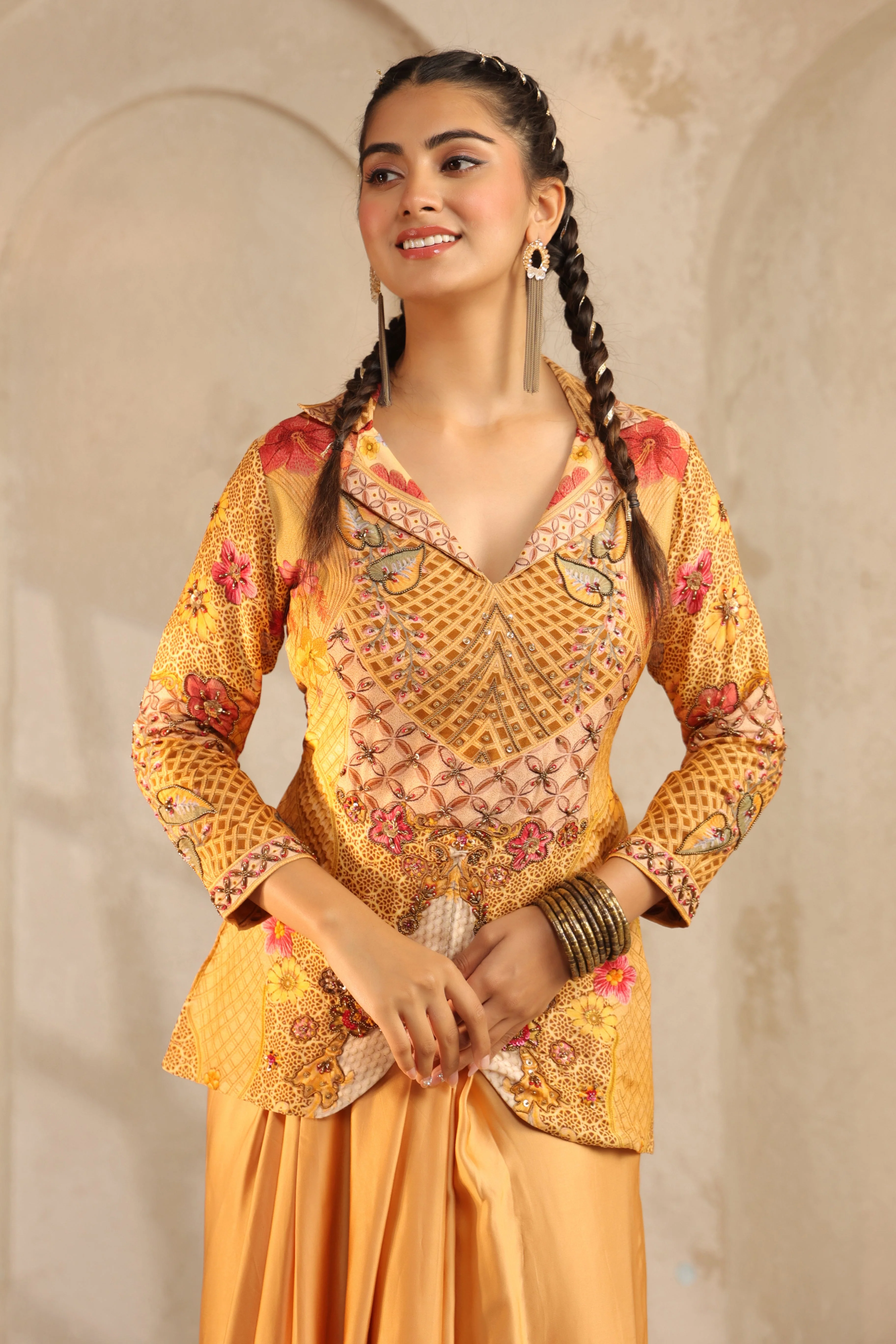 Saffron Yellow Printed Dola Silk Drape Skirt Set - Image 2