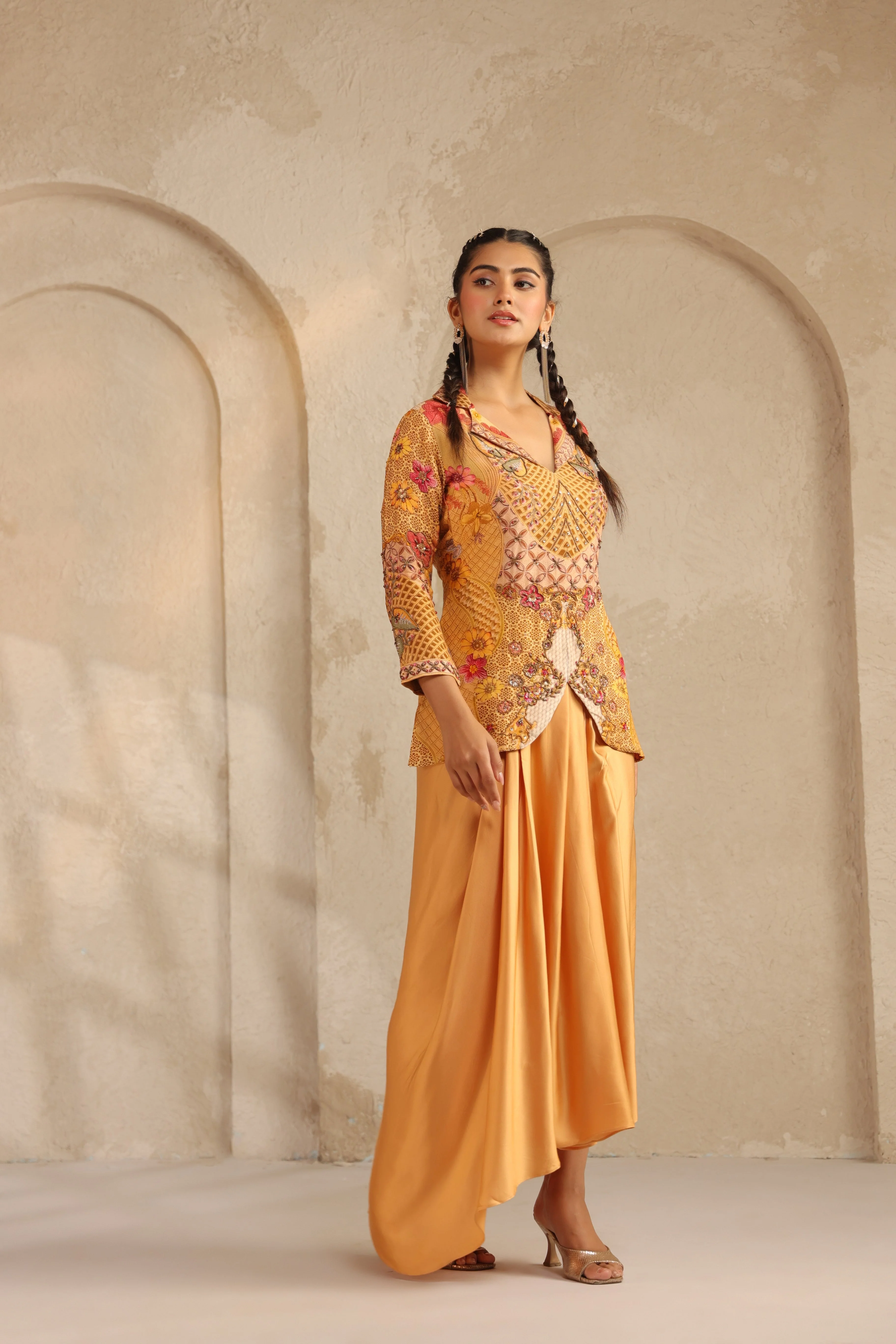 Saffron Yellow Printed Dola Silk Drape Skirt Set - Image 3