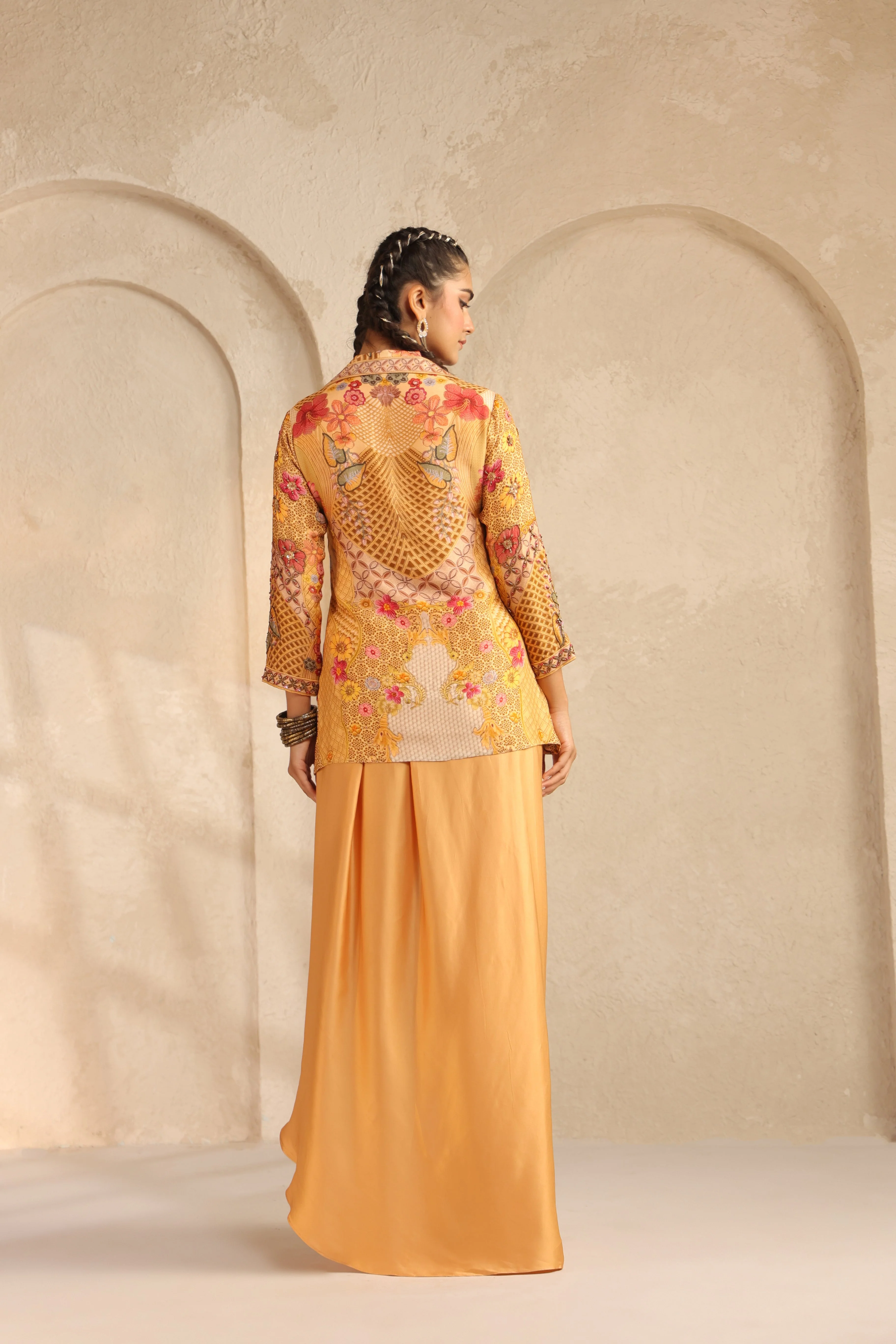 Saffron Yellow Printed Dola Silk Drape Skirt Set - Image 4