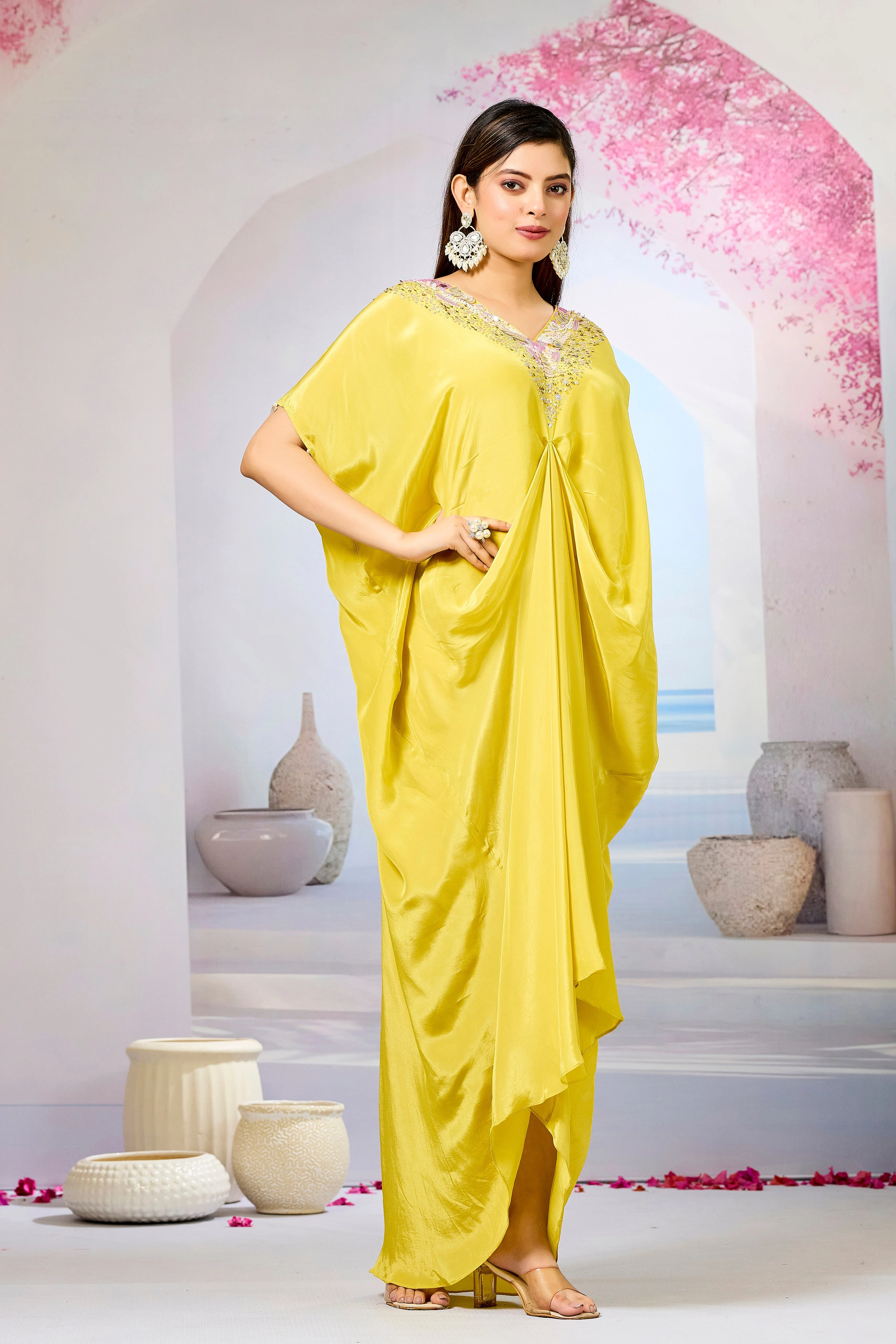 Yellow Embellished Crepe Silk Cowl Gown - Image 3