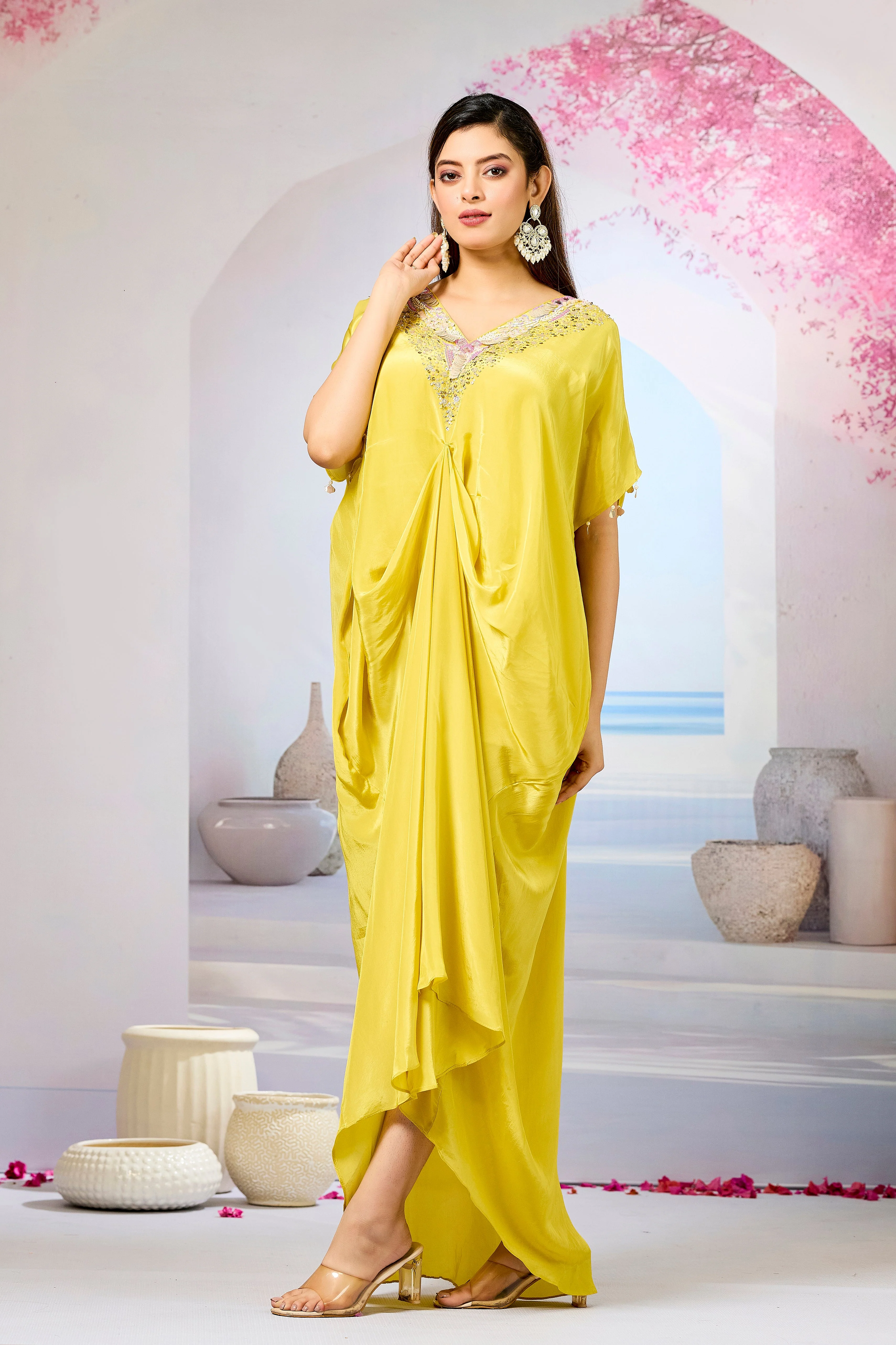 Yellow Embellished Crepe Silk Cowl Gown - Image 4
