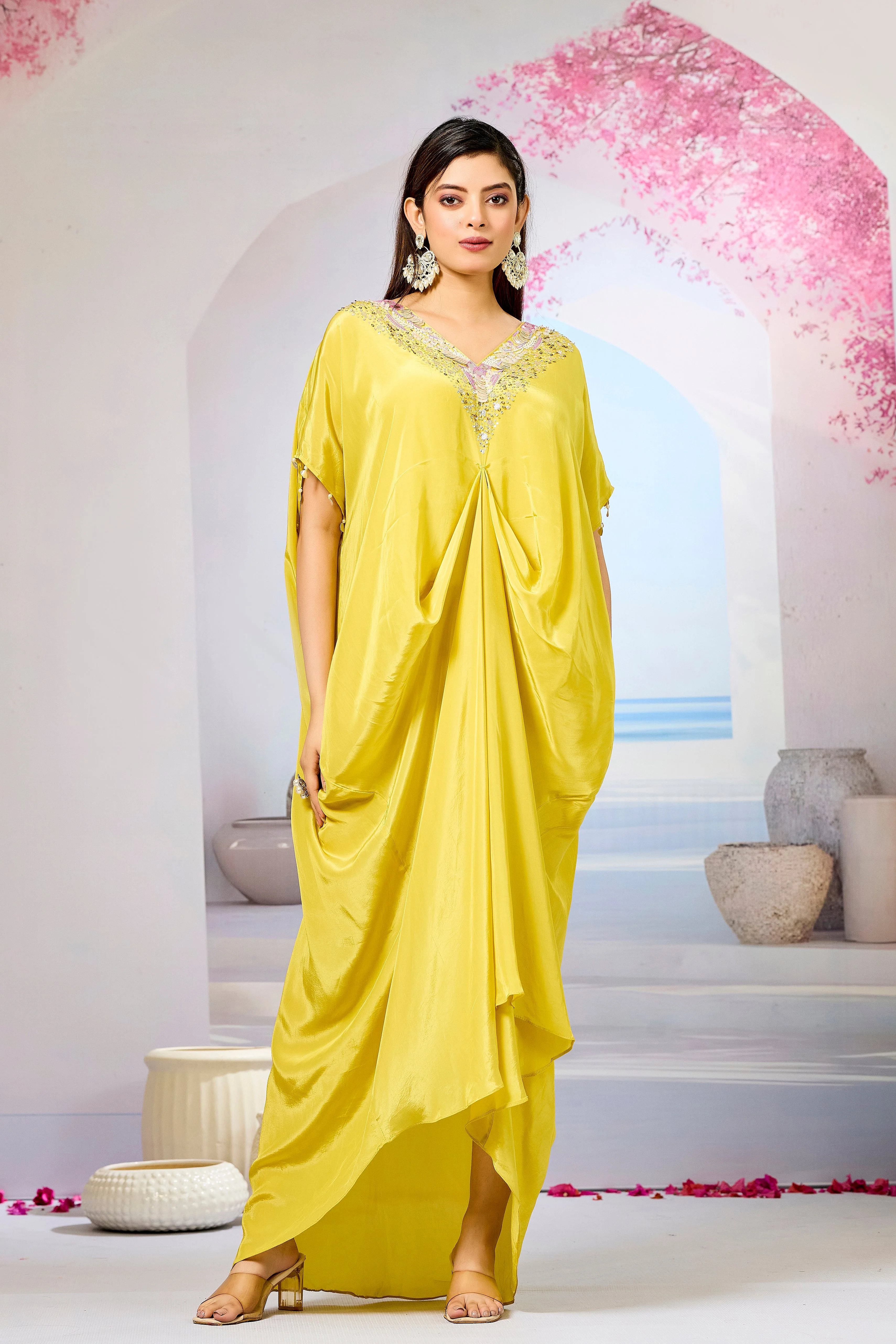 Yellow Embellished Crepe Silk Cowl Gown - Image 5