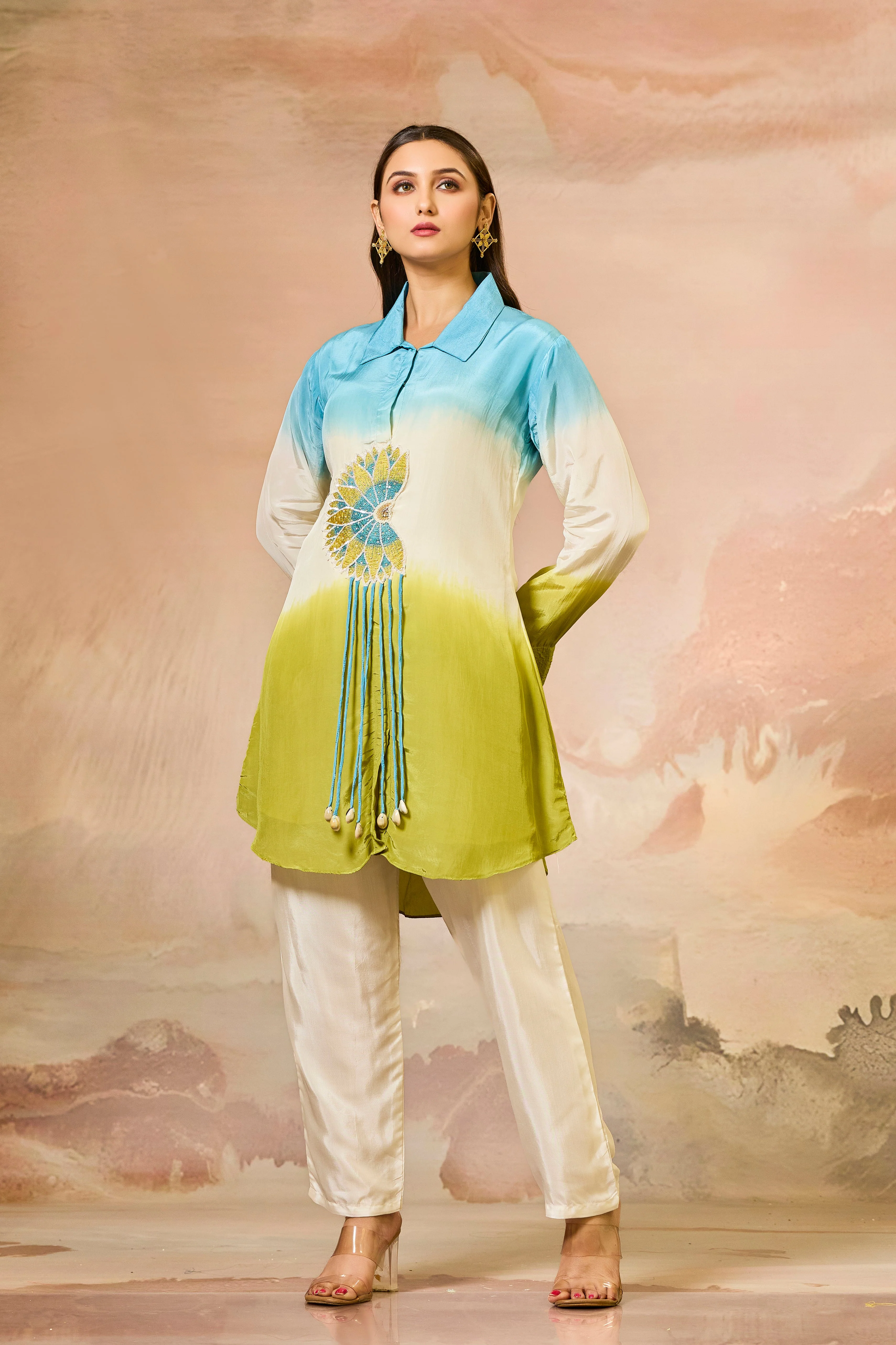 Blue Tricolor Crepe Silk Co-Ord Set - Image 3