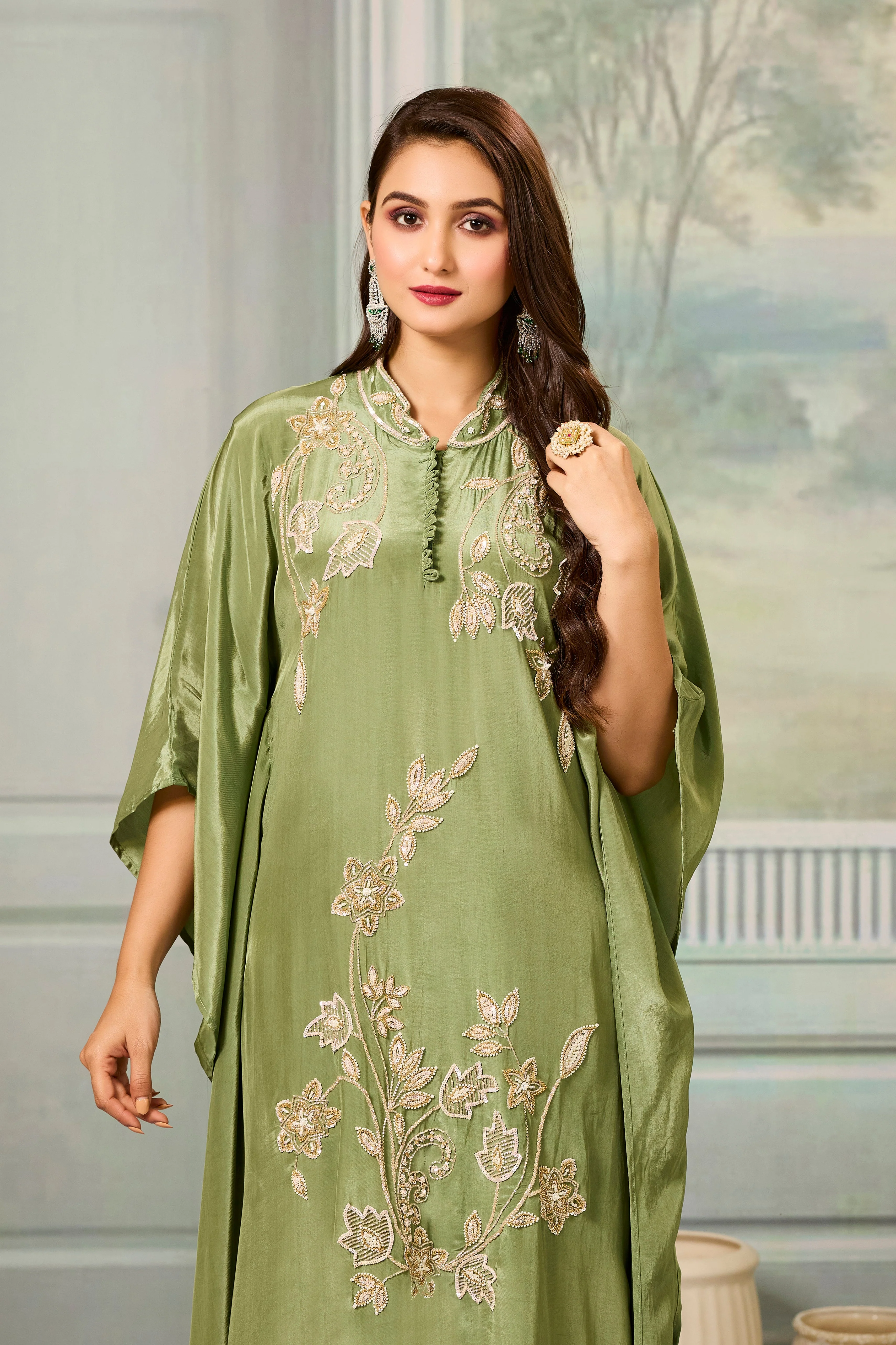Green Handwork Crepe Silk Kaftan Set - Image 2