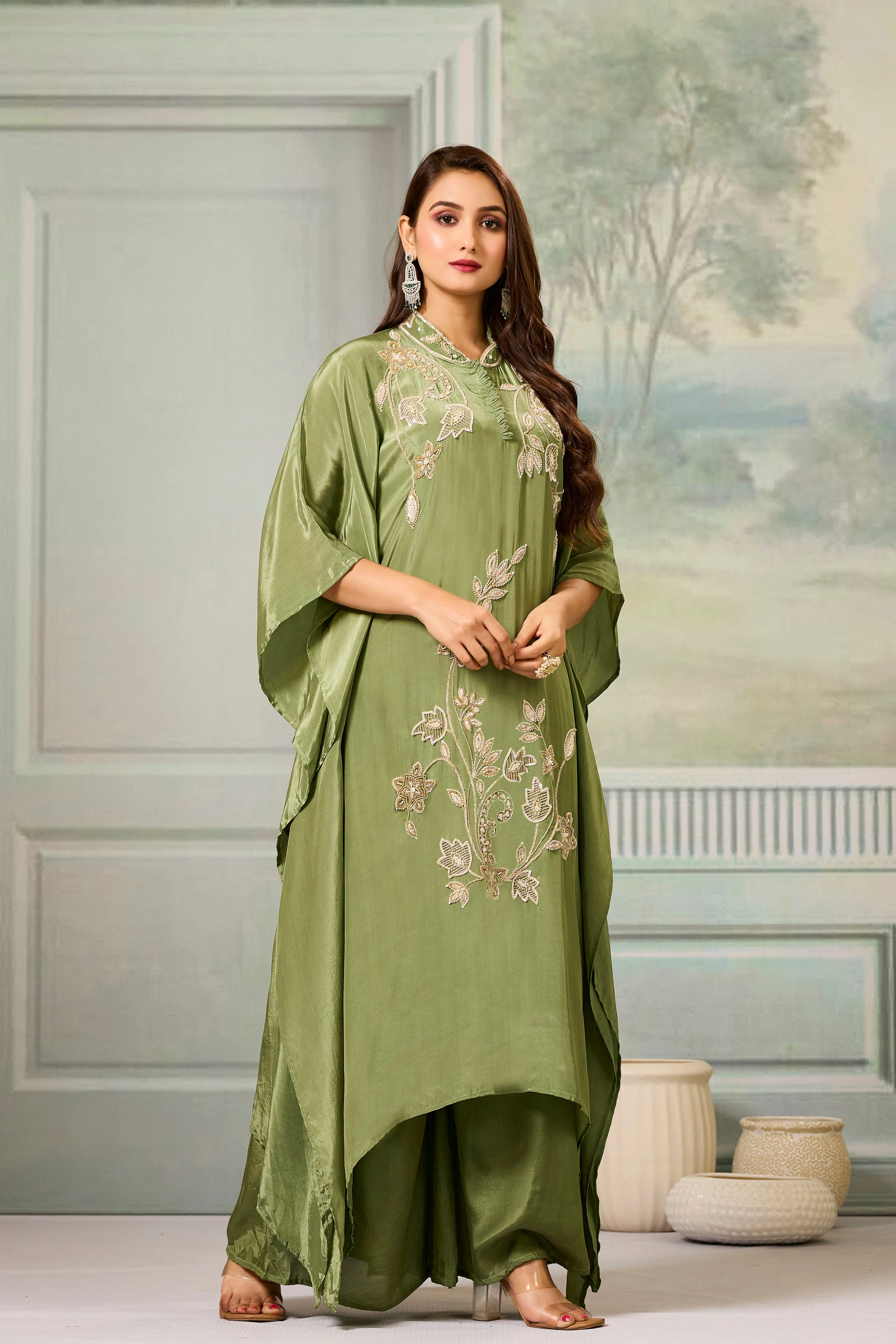 Green Handwork Crepe Silk Kaftan Set - Image 3