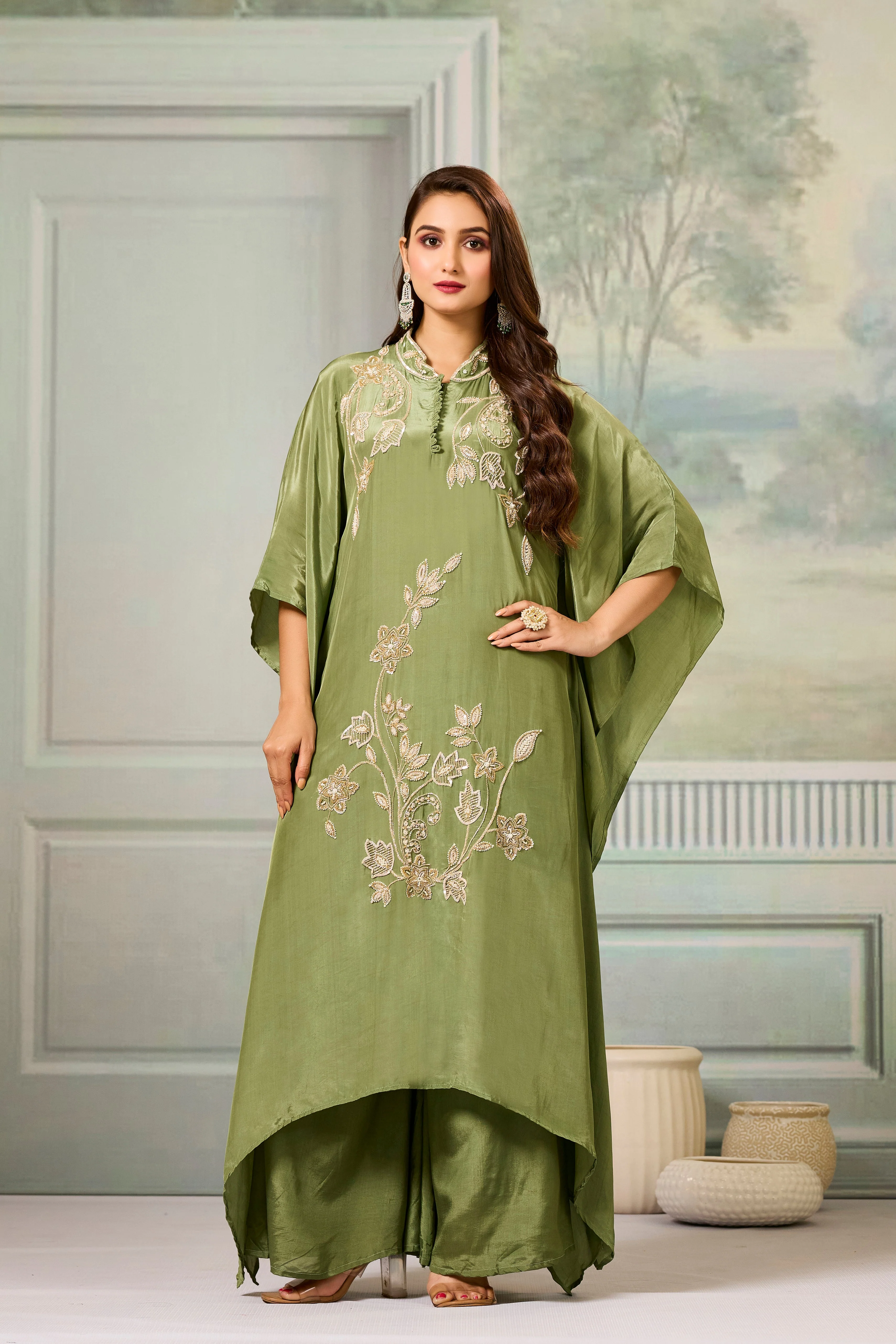 Green Handwork Crepe Silk Kaftan Set - Image 4