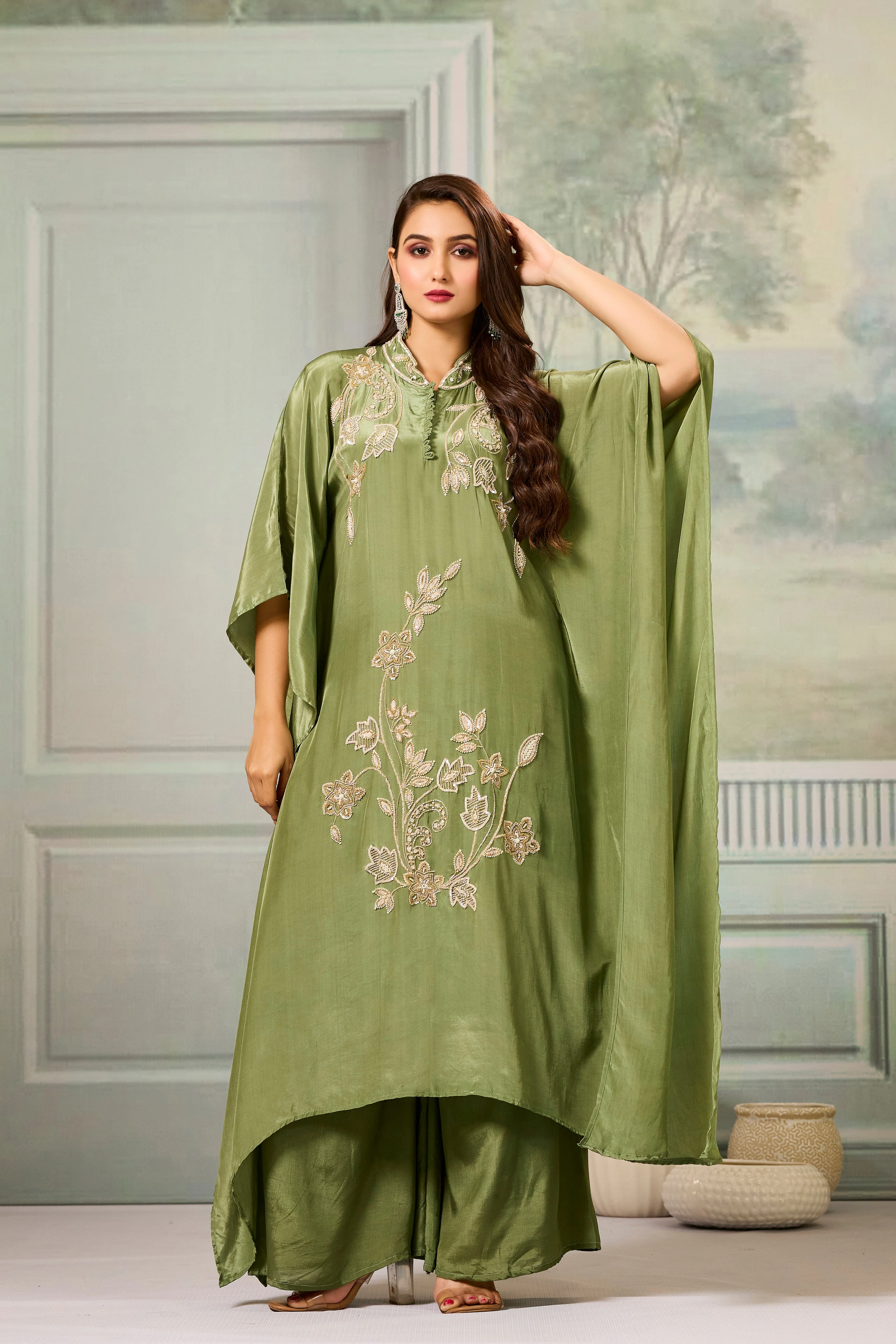 Green Handwork Crepe Silk Kaftan Set - Image 5