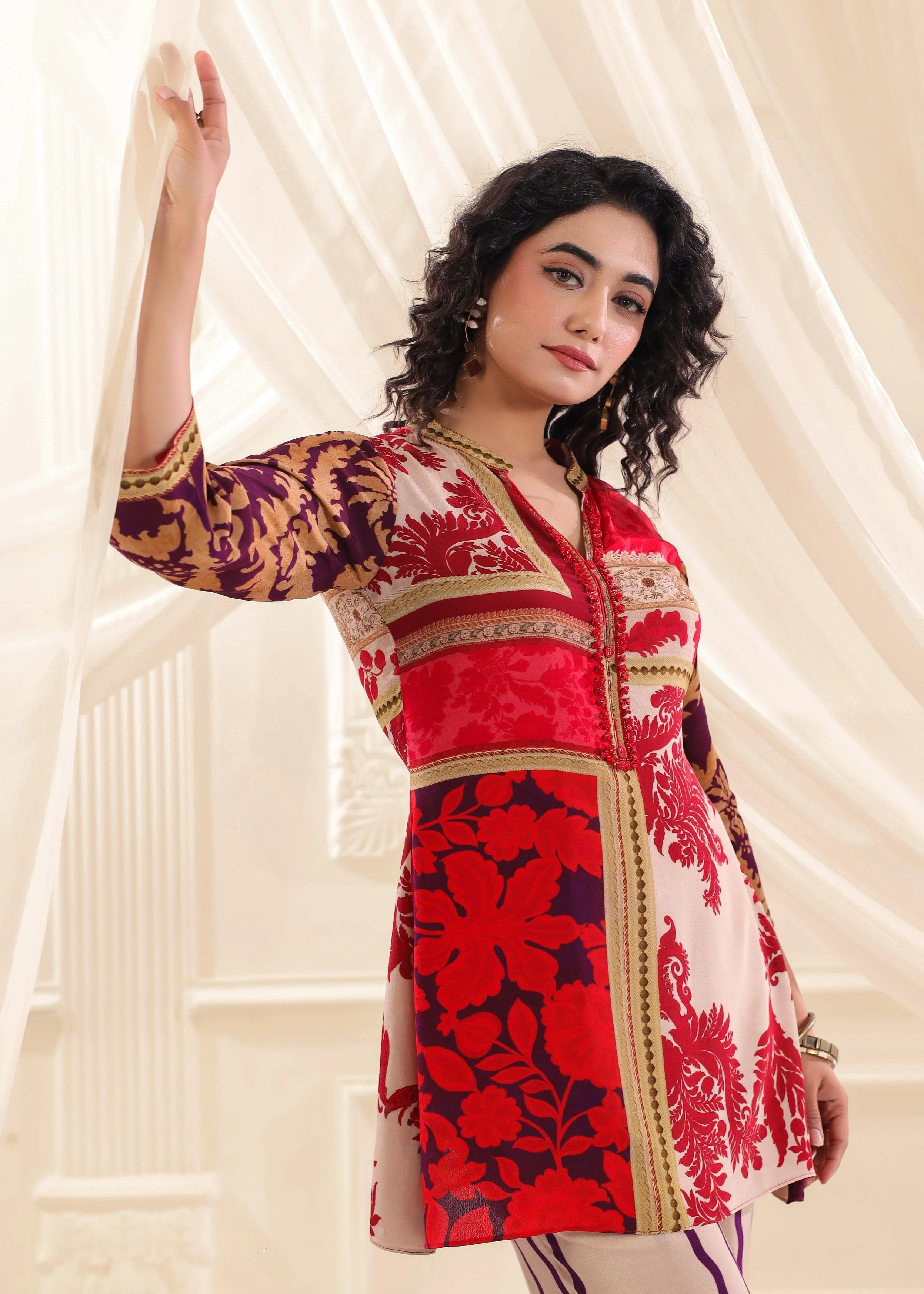 Crimson Cream Printed Crepe Silk Co-Ord Set - Image 2