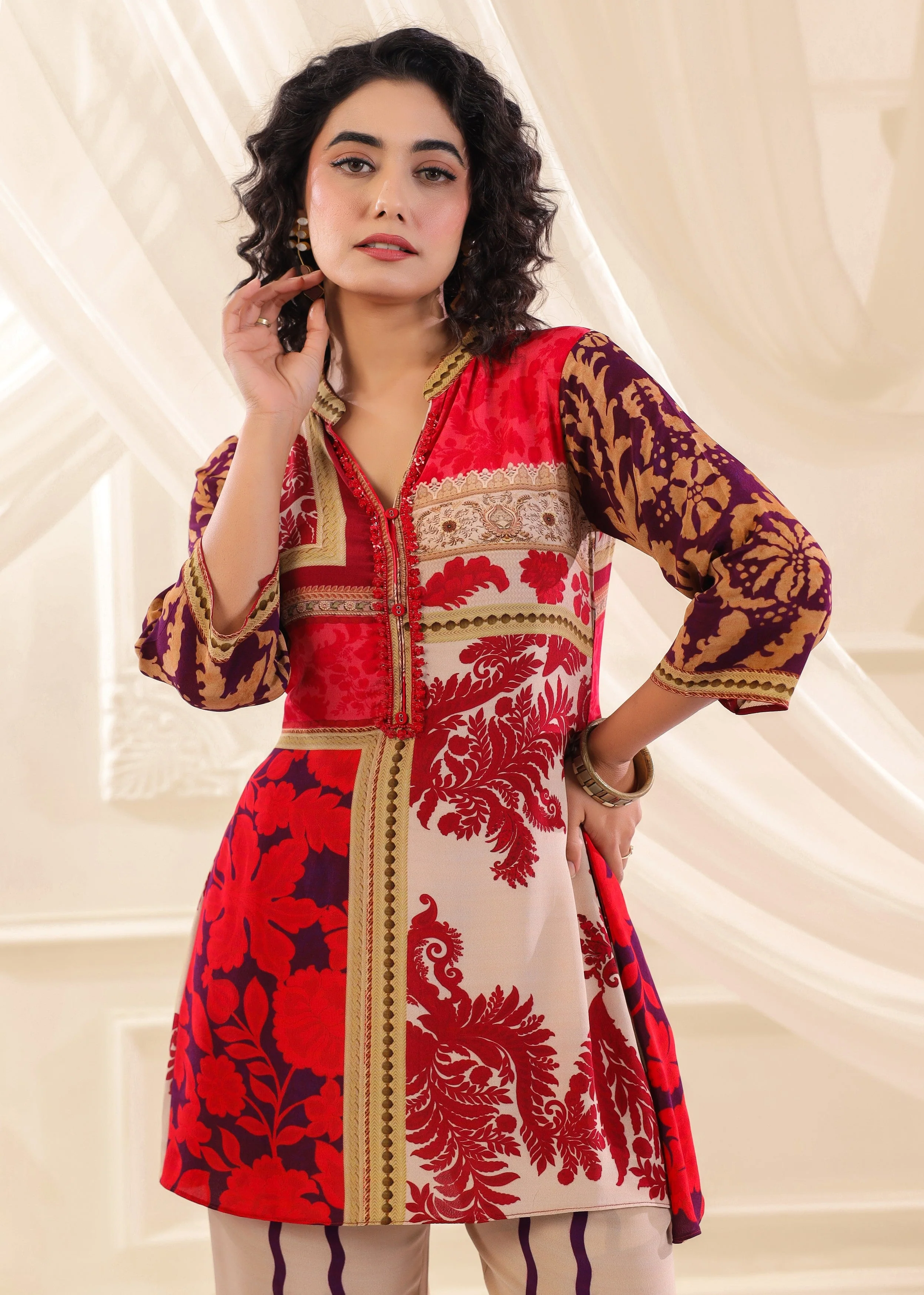 Crimson Cream Printed Crepe Silk Co-Ord Set - Image 3