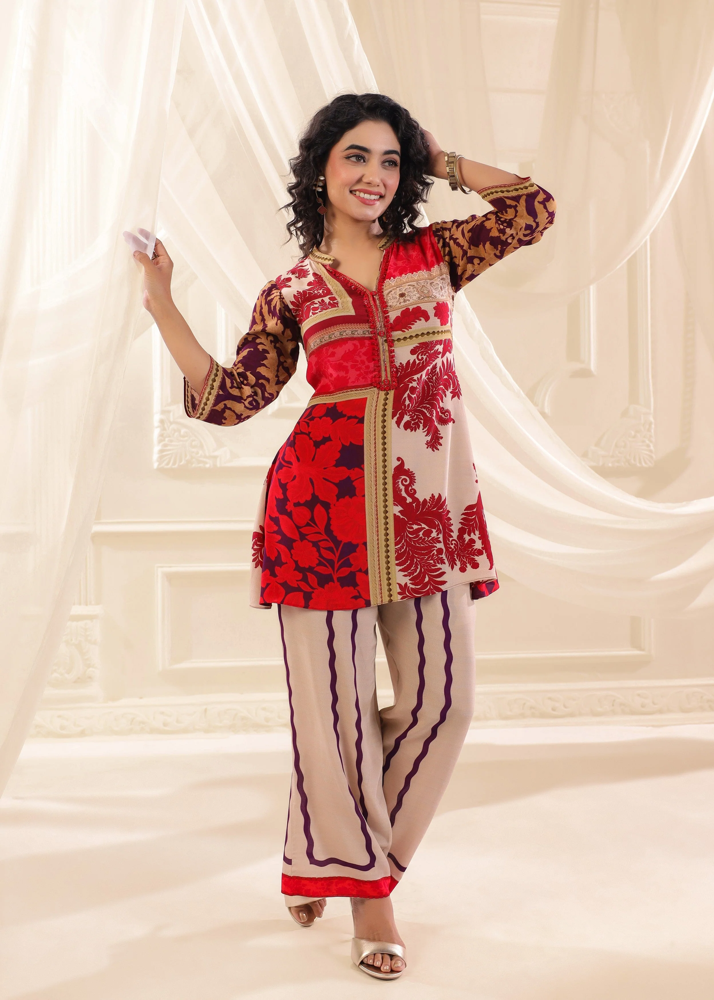 Crimson Cream Printed Crepe Silk Co-Ord Set - Image 4