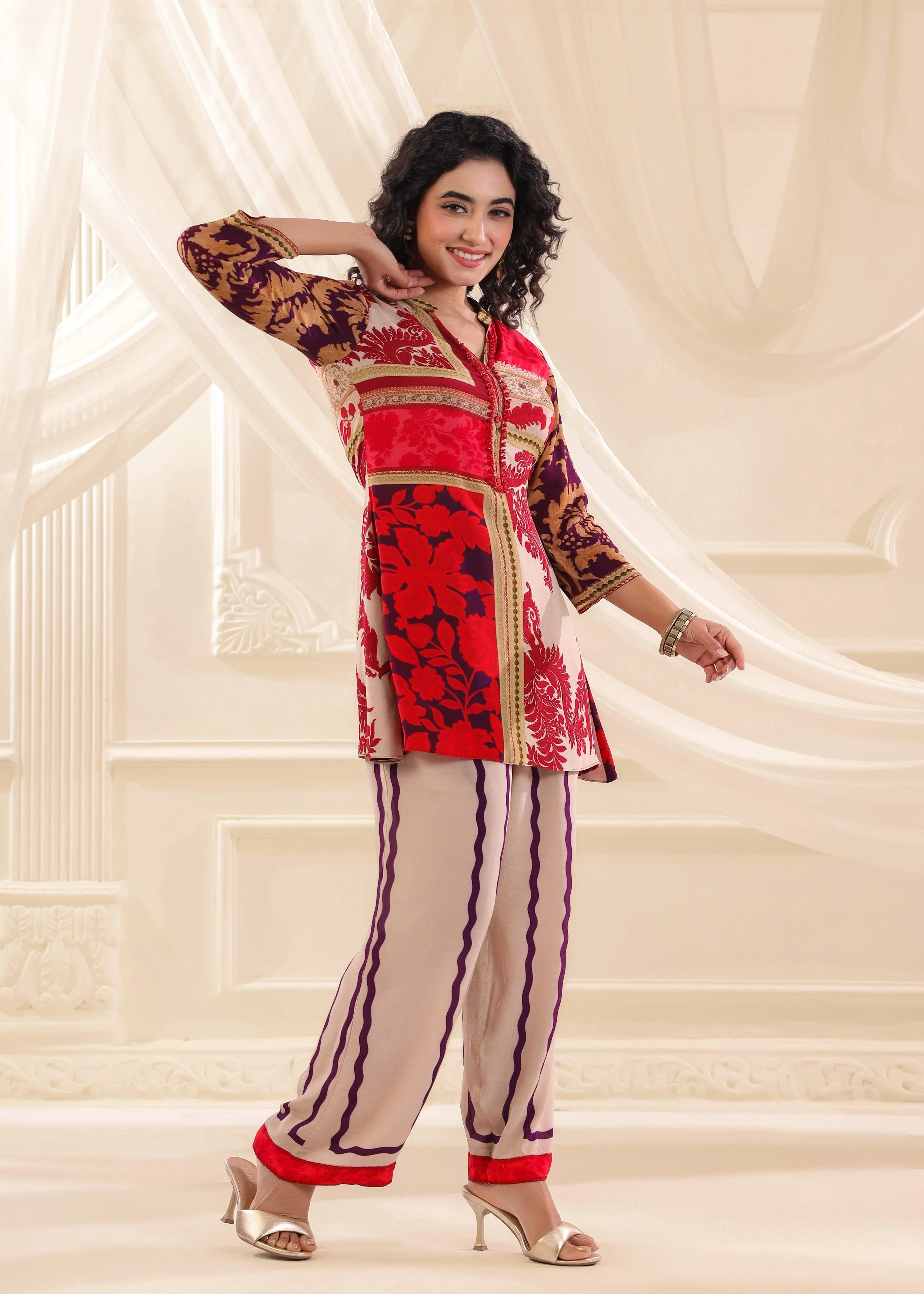 Crimson Cream Printed Crepe Silk Co-Ord Set - Image 5