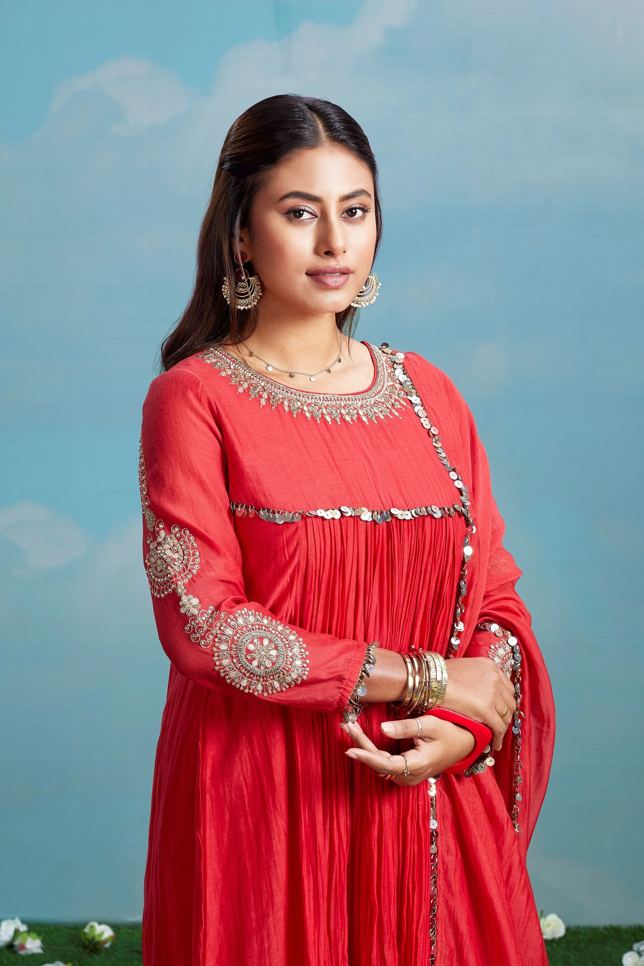 Crimson Glimmer Embellished Chanderi Silk Anarkali Set - Image 2