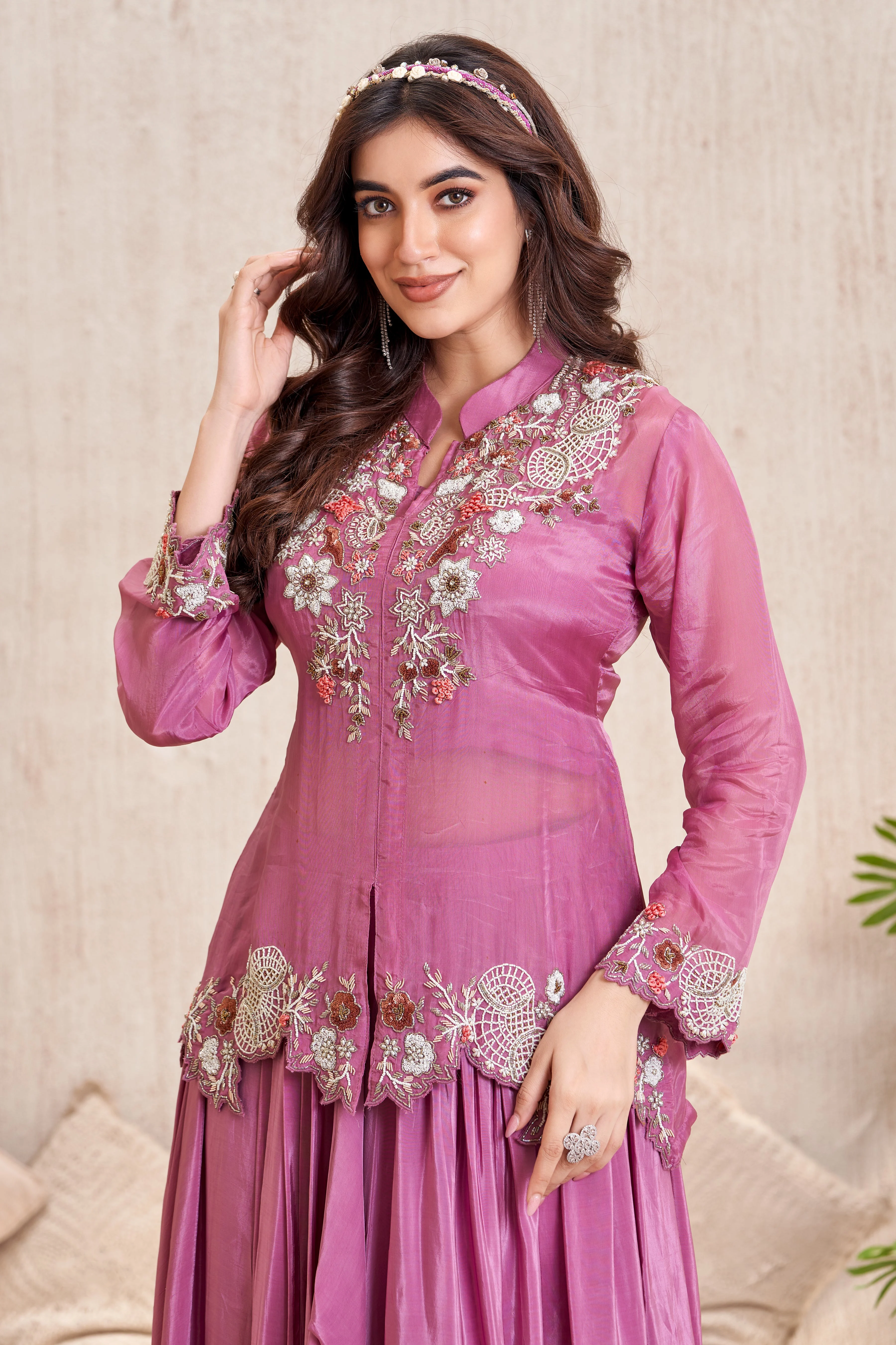 Mauve Pink Embellished Crepe Silk Skirt Set - Image 2