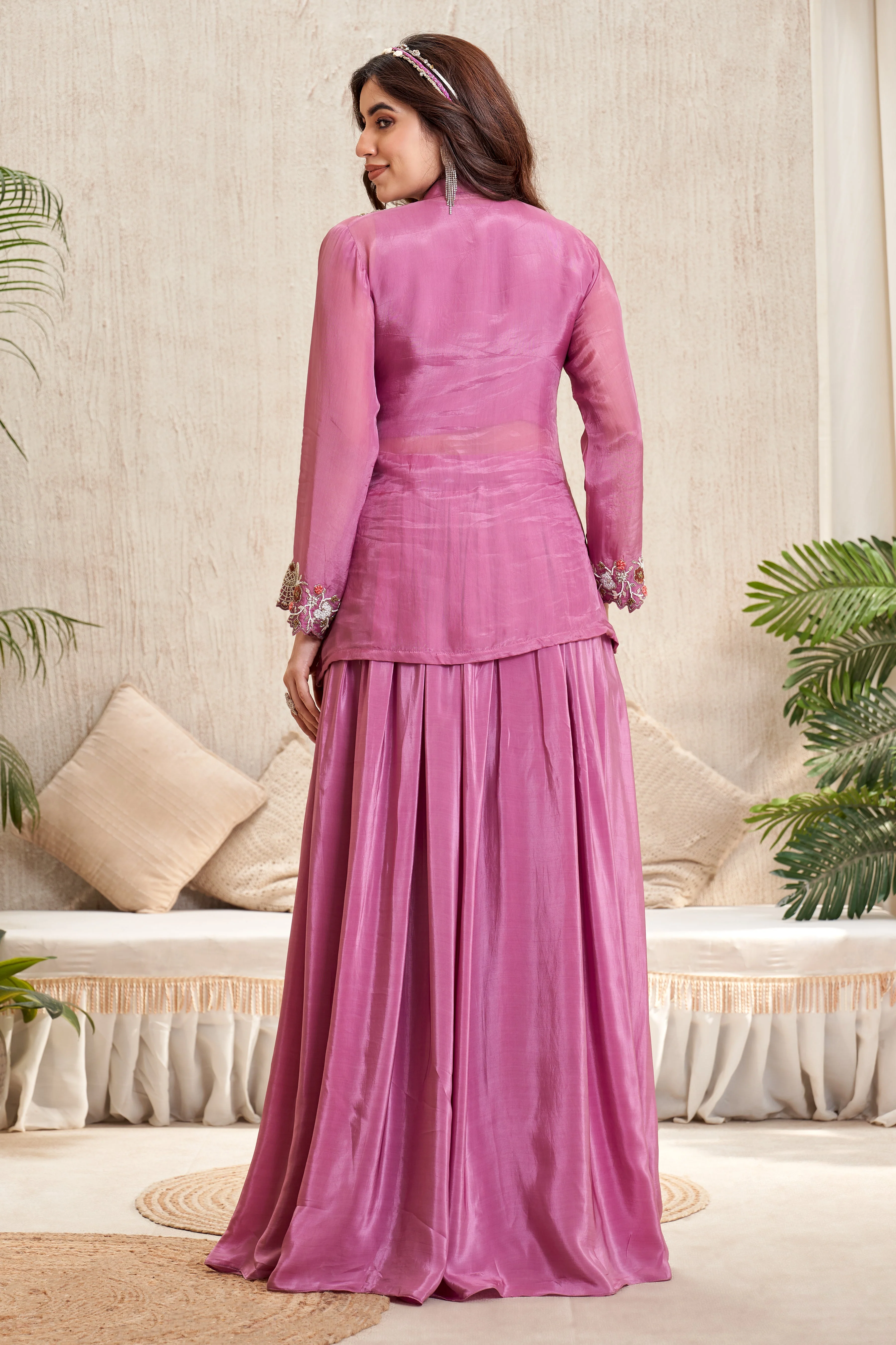 Mauve Pink Embellished Crepe Silk Skirt Set - Image 3