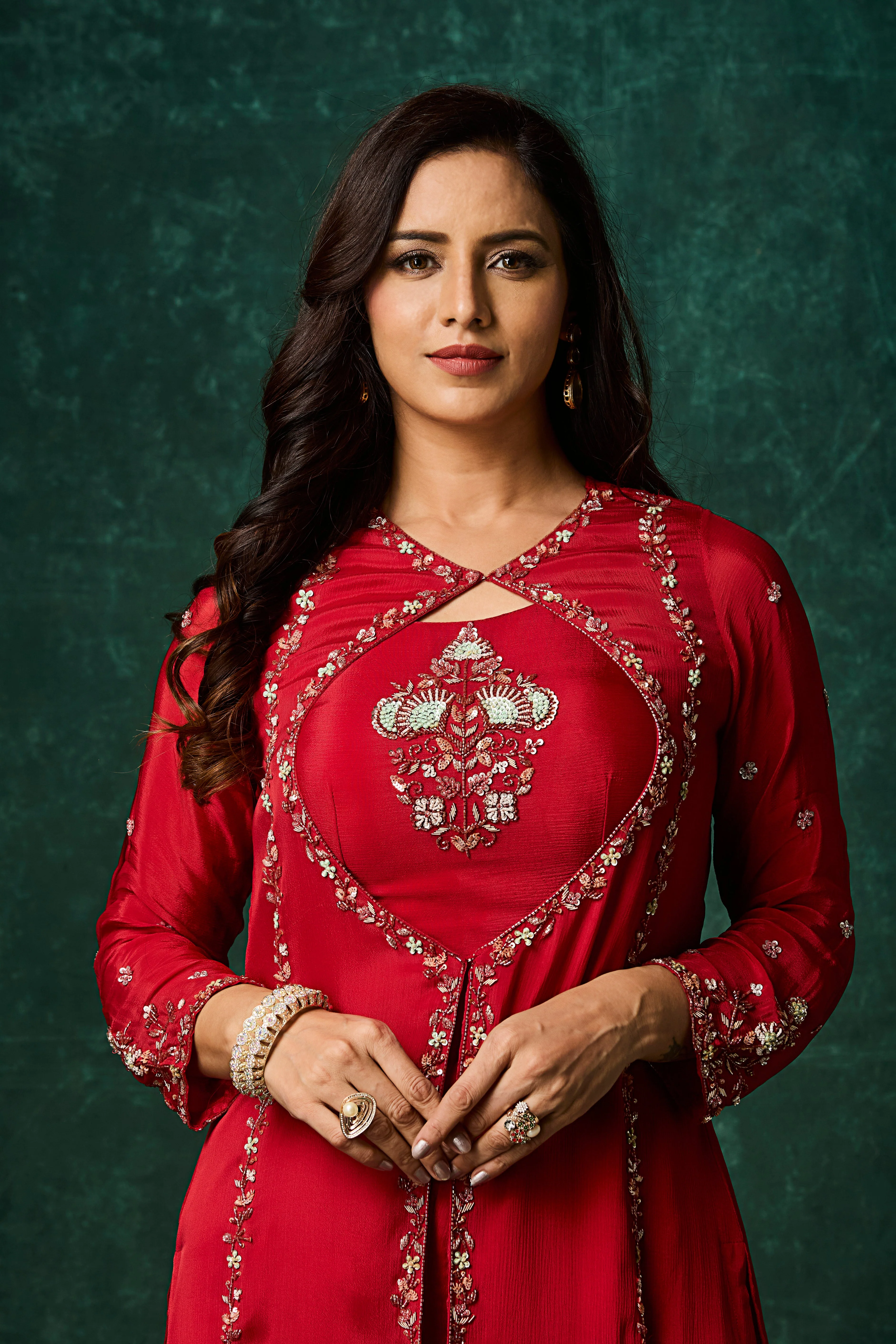 Vibrant Red Embellished Chinon Silk Palazzo Set - Image 2