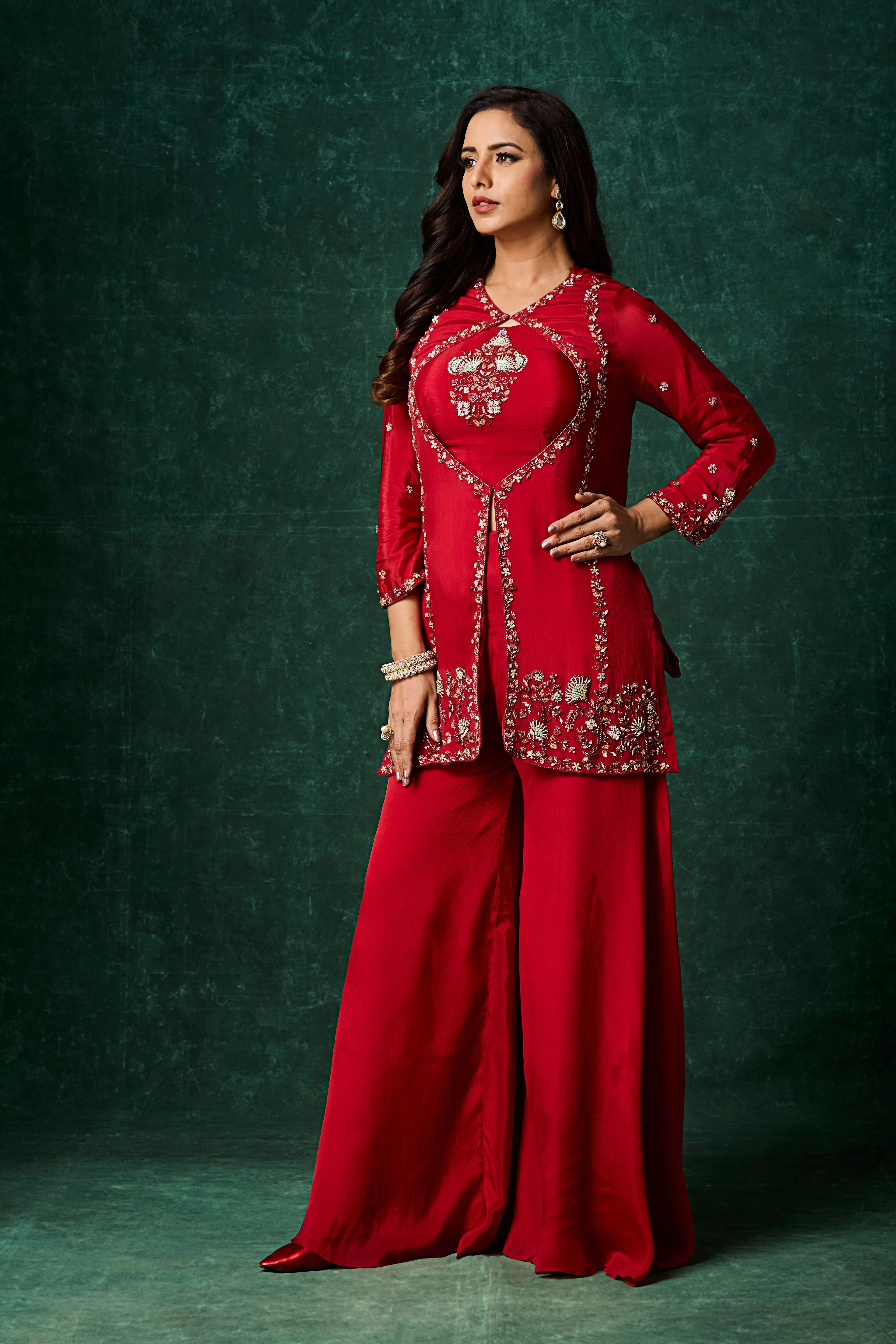 Vibrant Red Embellished Chinon Silk Palazzo Set - Image 3