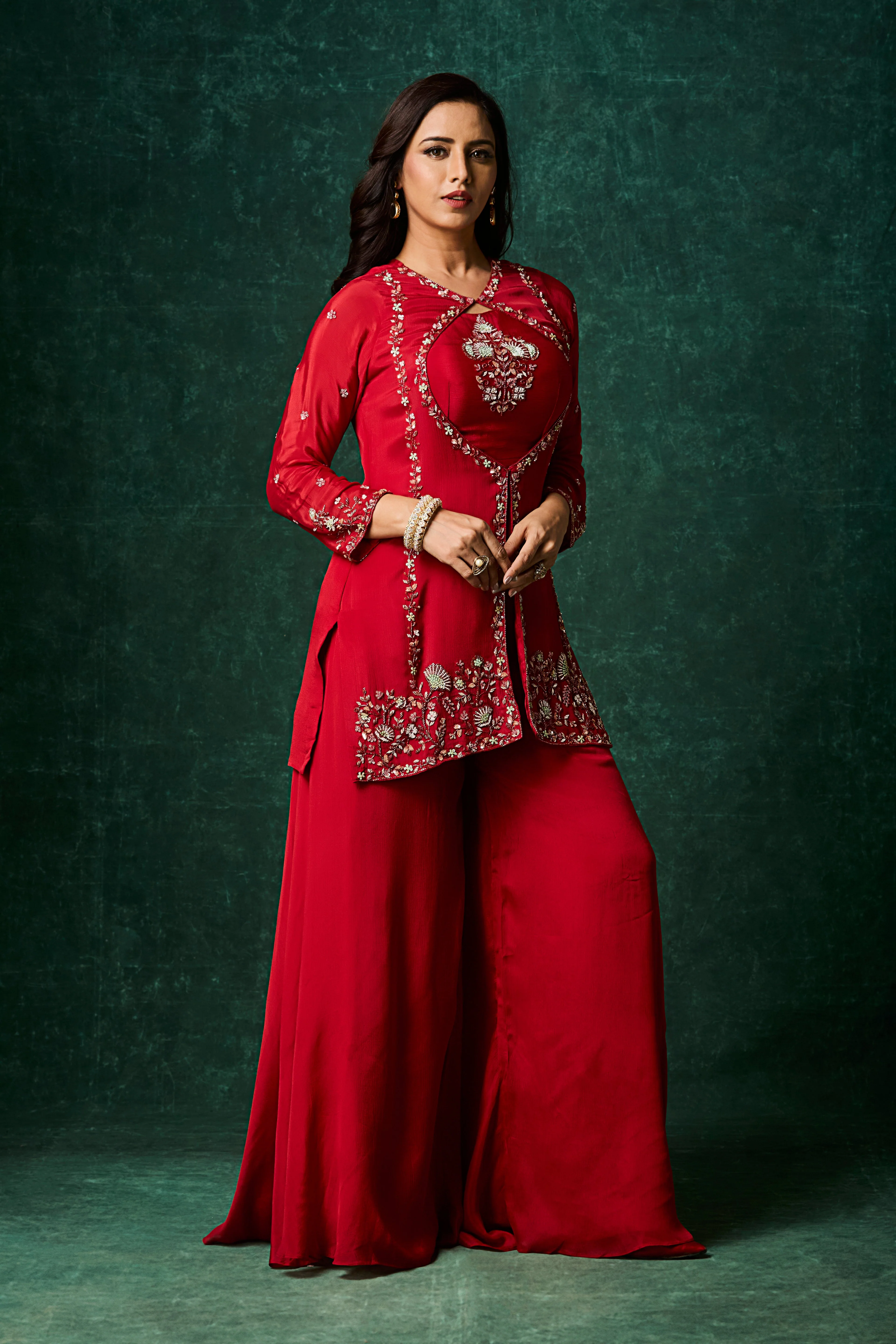 Vibrant Red Embellished Chinon Silk Palazzo Set - Image 4