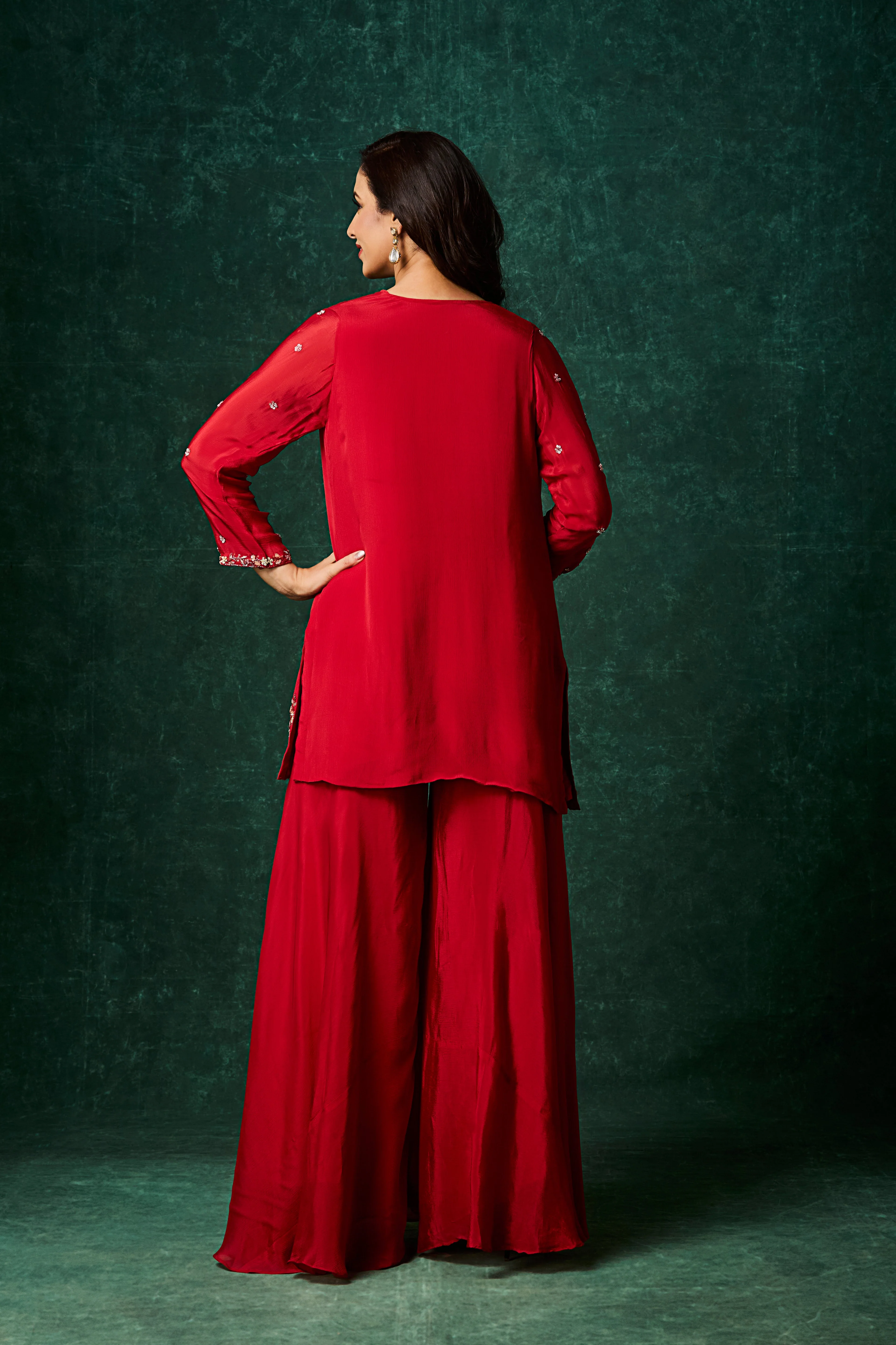 Vibrant Red Embellished Chinon Silk Palazzo Set - Image 5