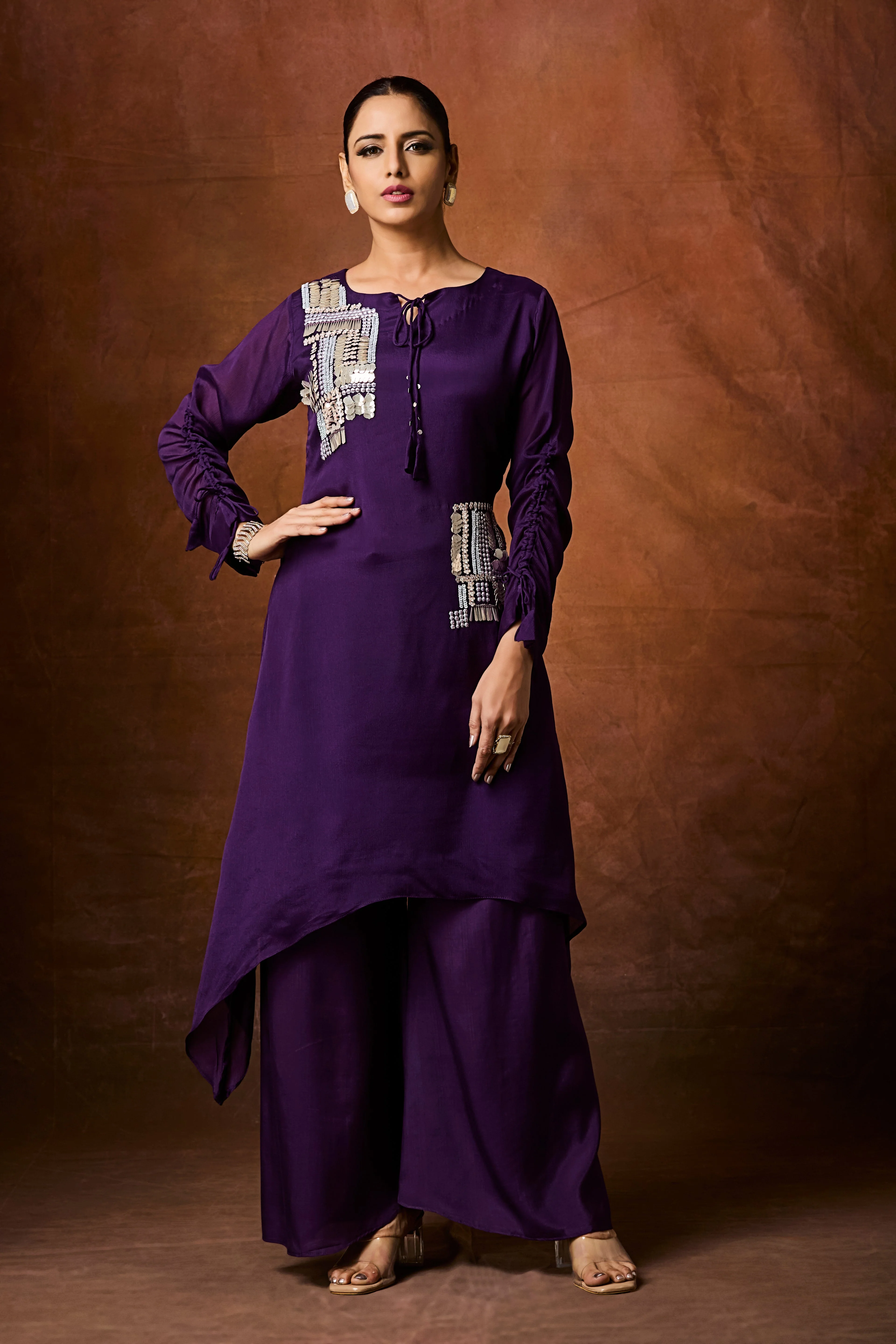 Dark Purple Embellished Chinon Silk Palazzo Set - Image 3