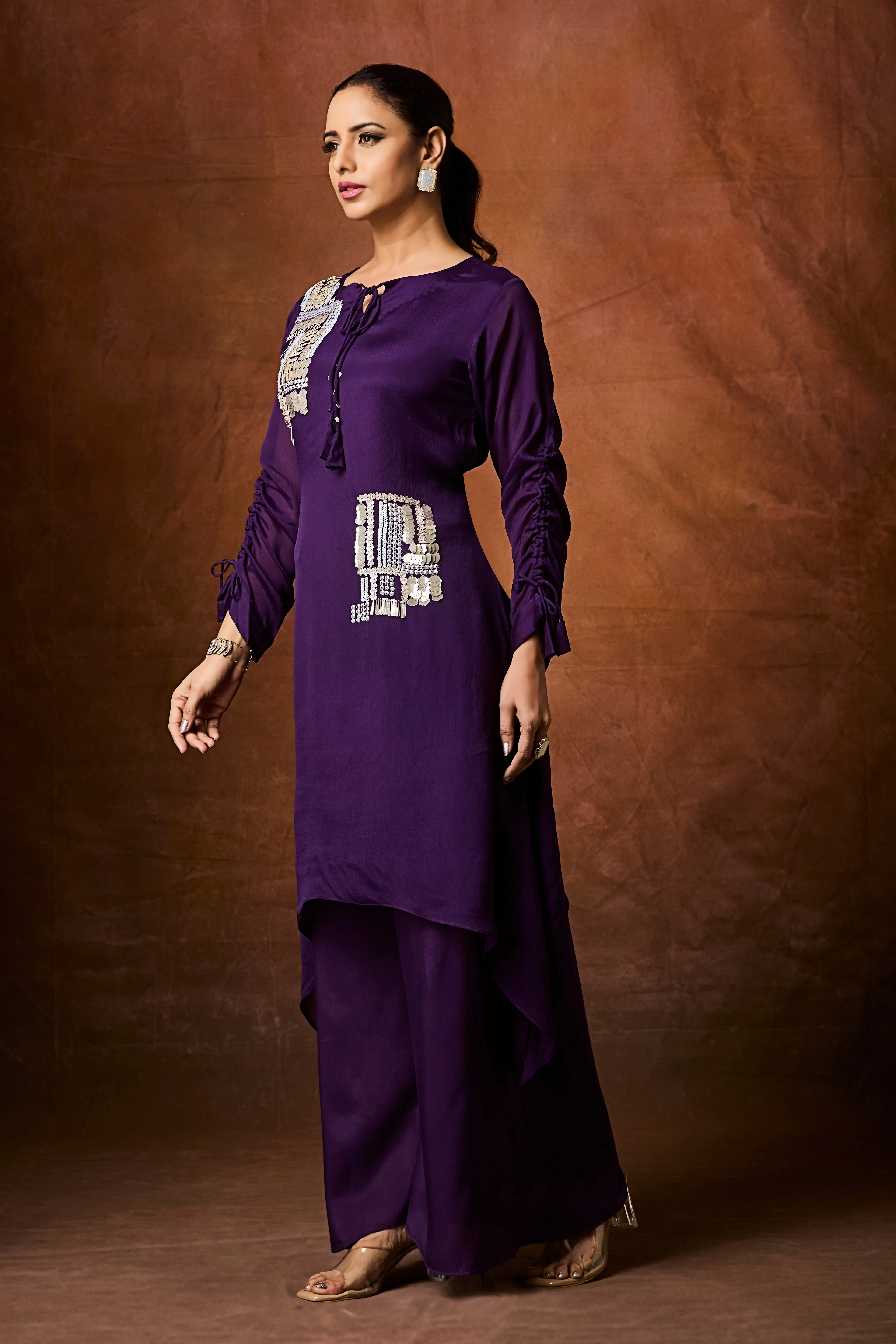 Dark Purple Embellished Chinon Silk Palazzo Set - Image 4