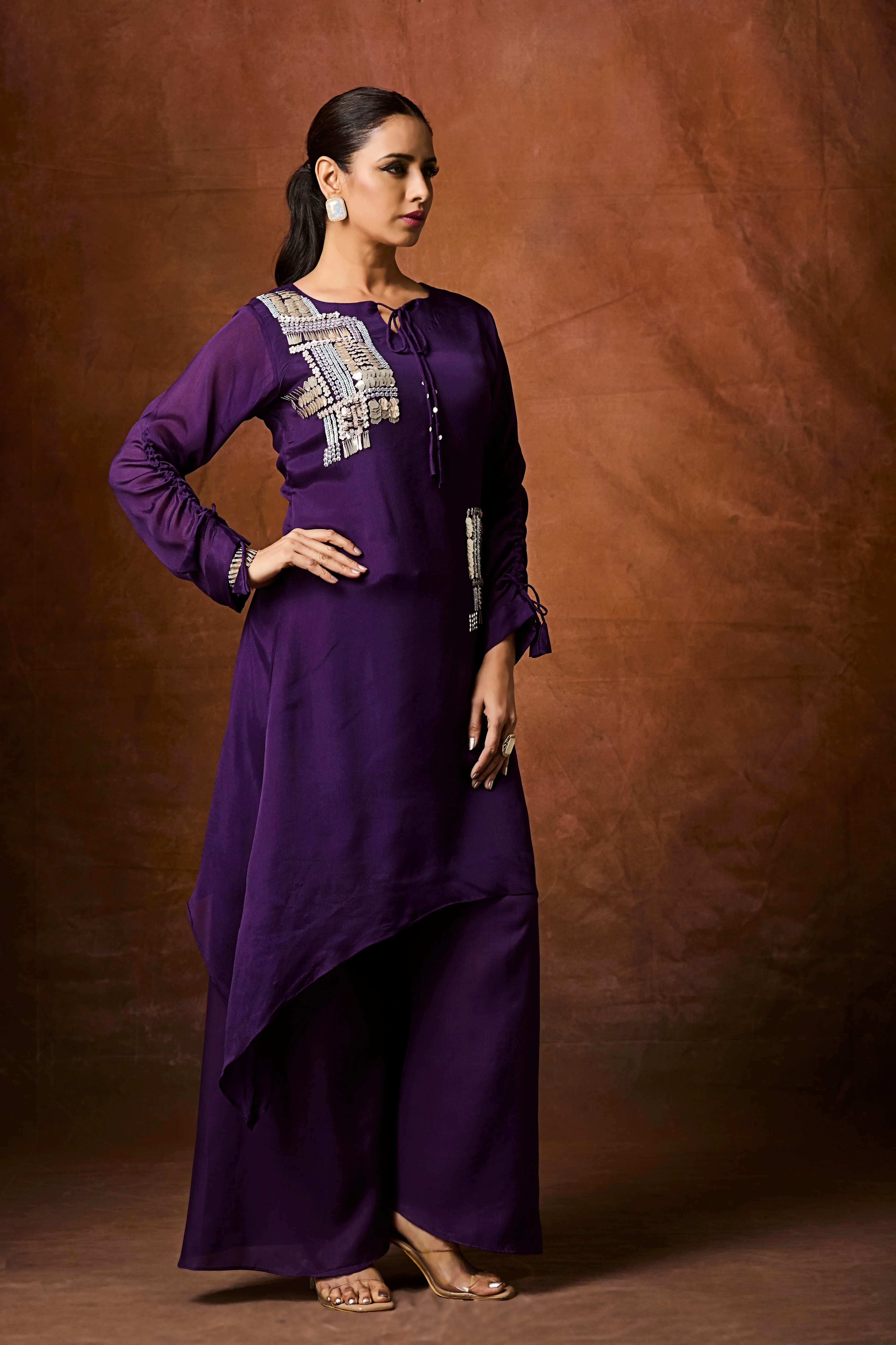 Dark Purple Embellished Chinon Silk Palazzo Set - Image 5