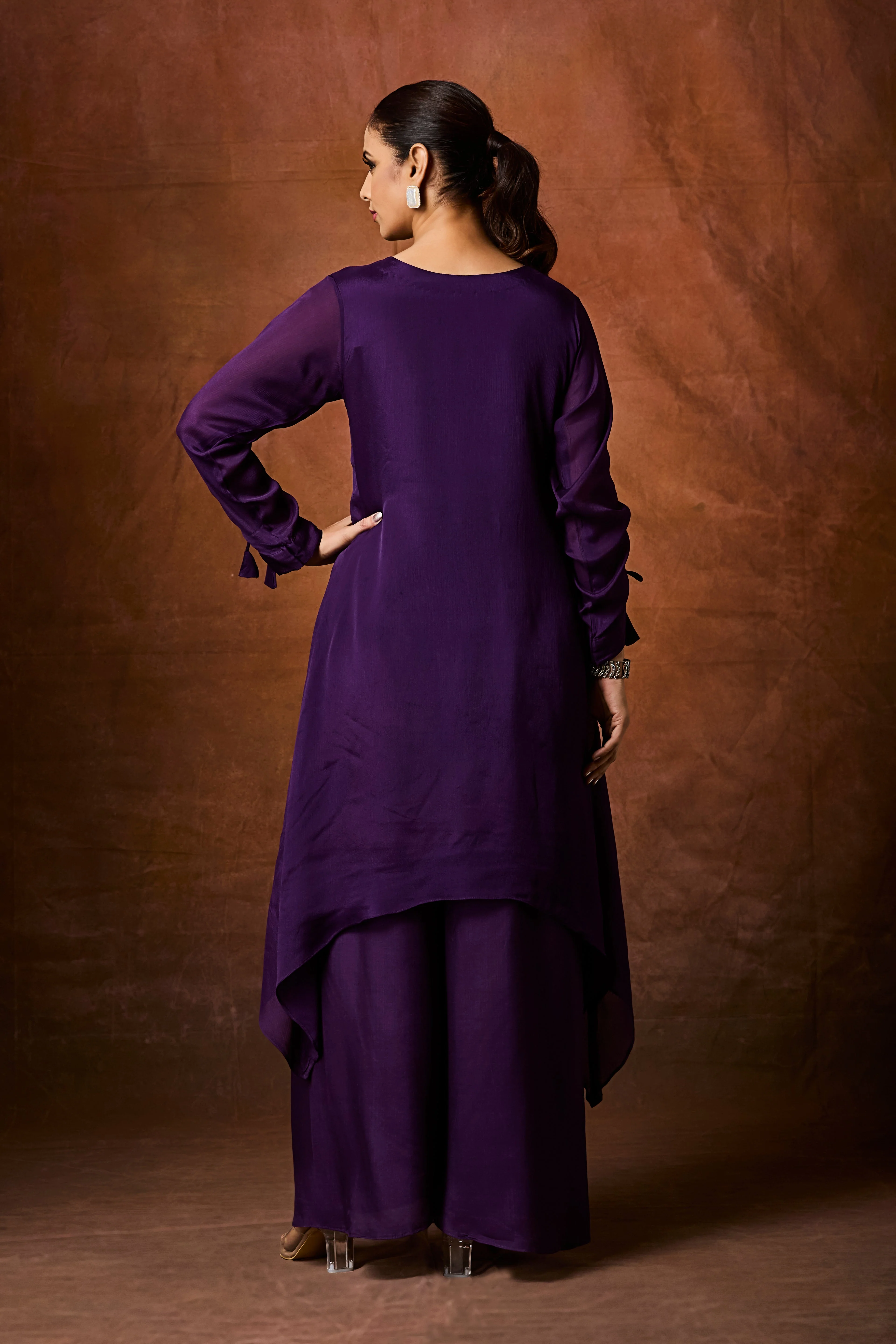 Dark Purple Embellished Chinon Silk Palazzo Set - Image 6