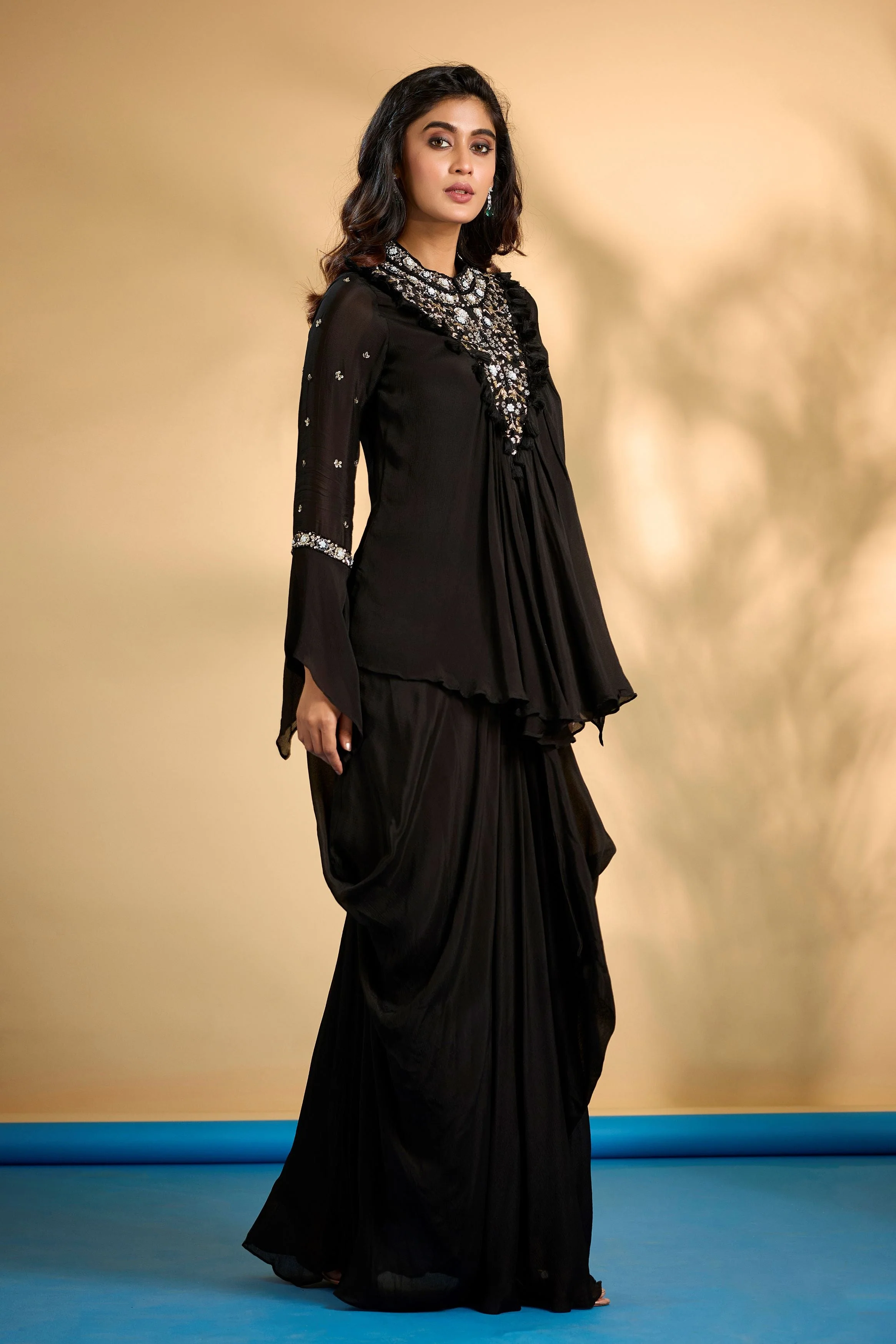 Hot Black Embellished Chinon Silk Skirt Set - Image 3
