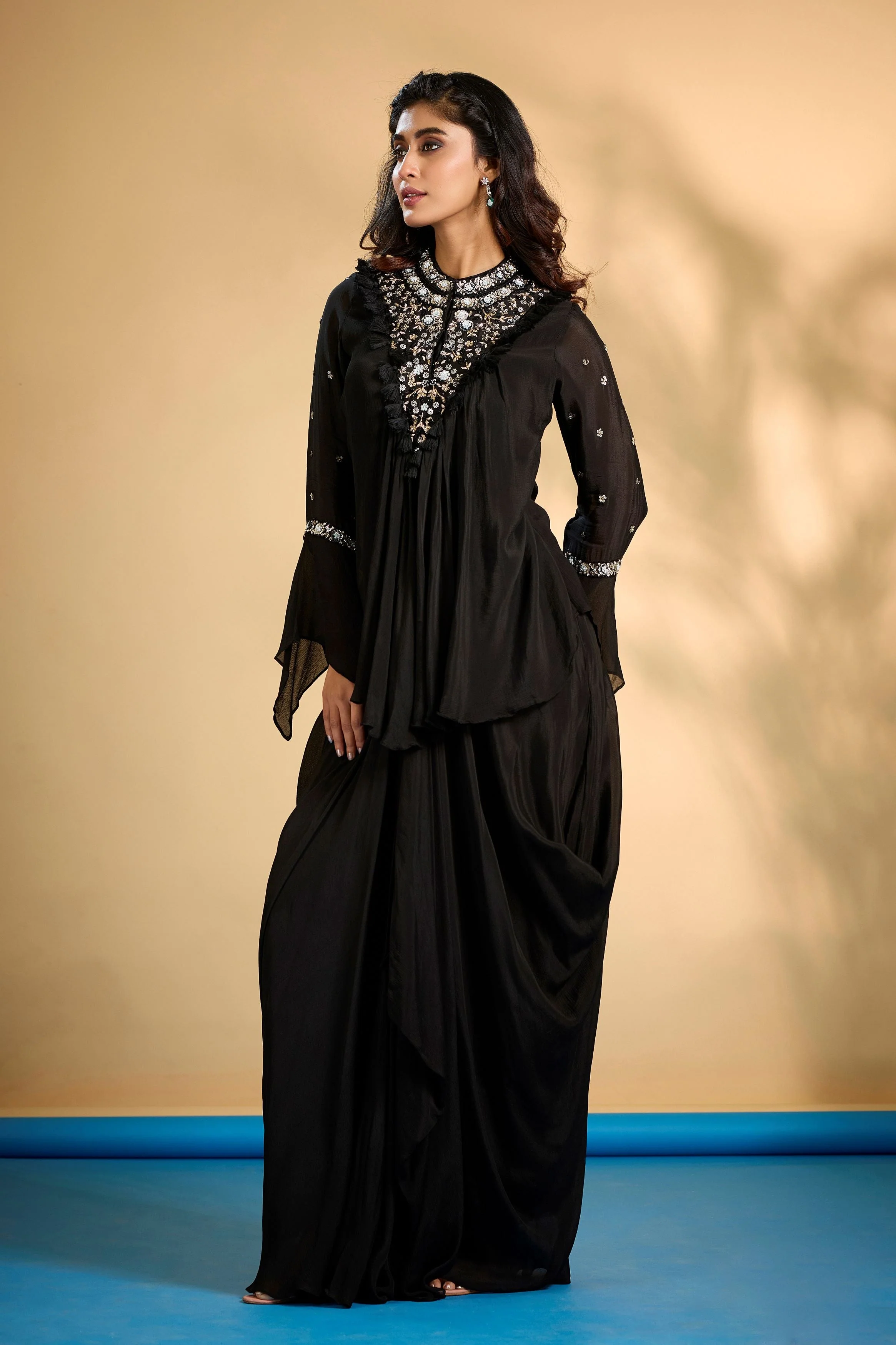 Hot Black Embellished Chinon Silk Skirt Set - Image 4