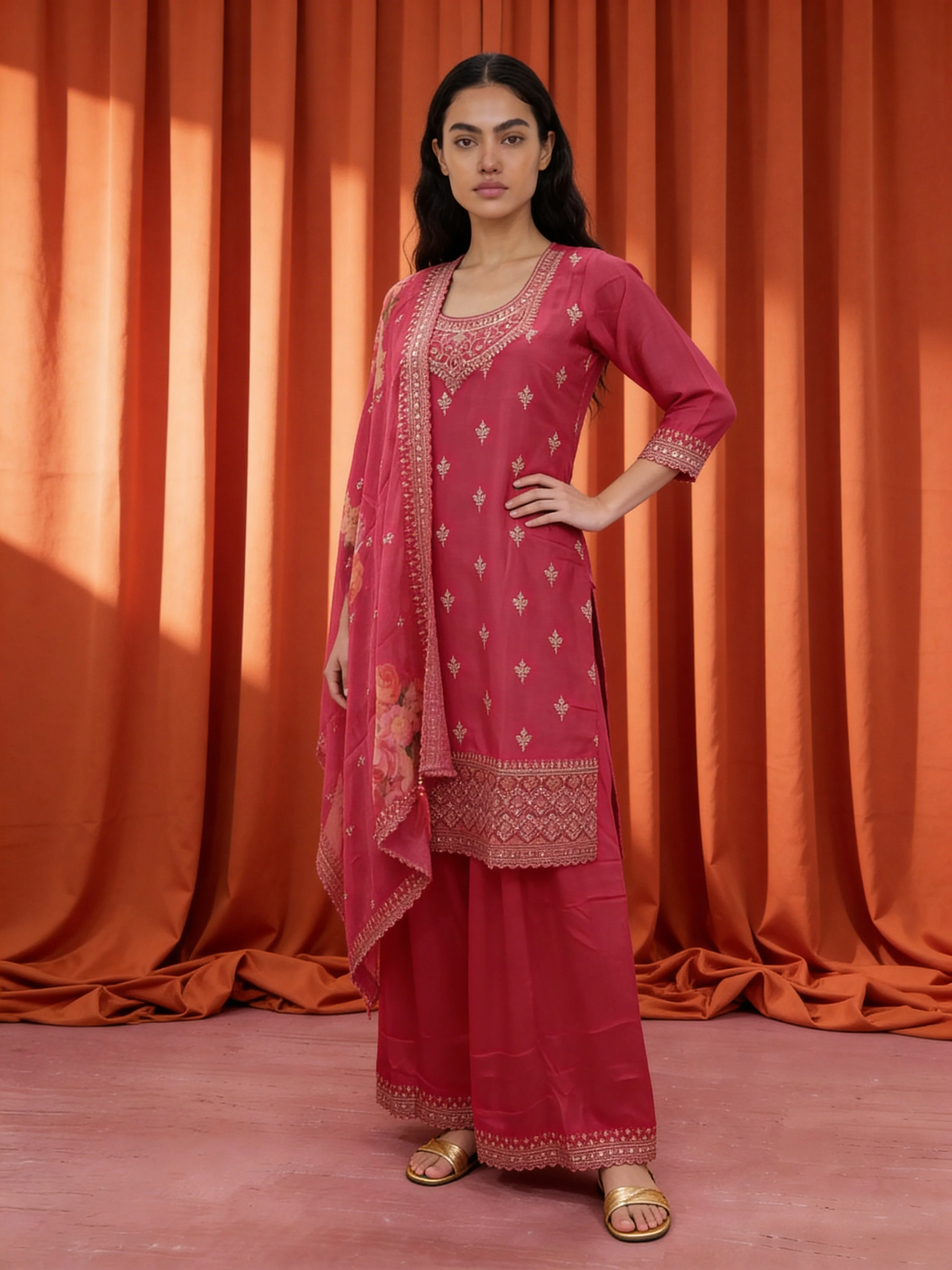 Crimson Pink Chinon Silk Palazzo Set - Image 2