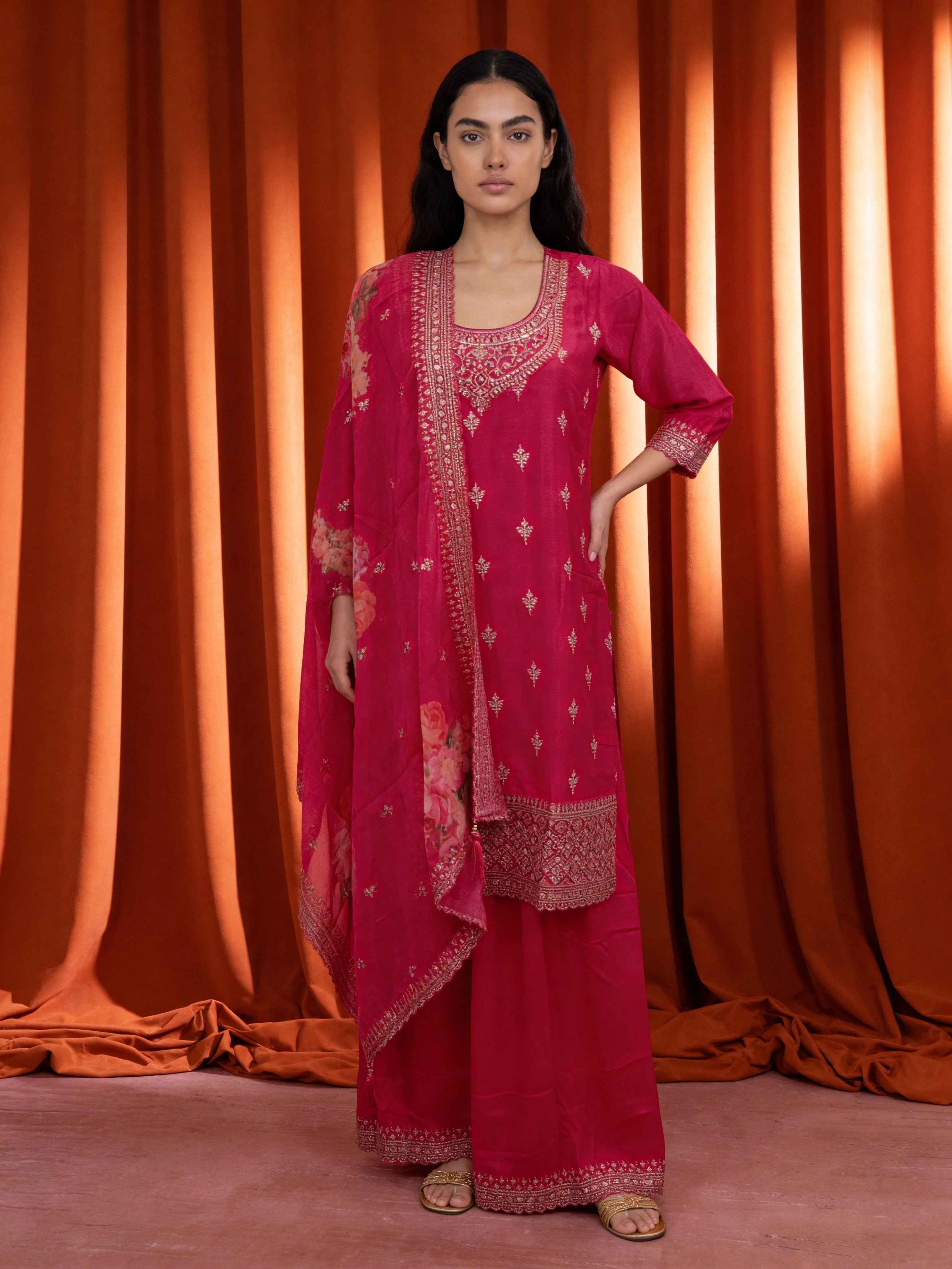 Crimson Pink Chinon Silk Palazzo Set - Image 3