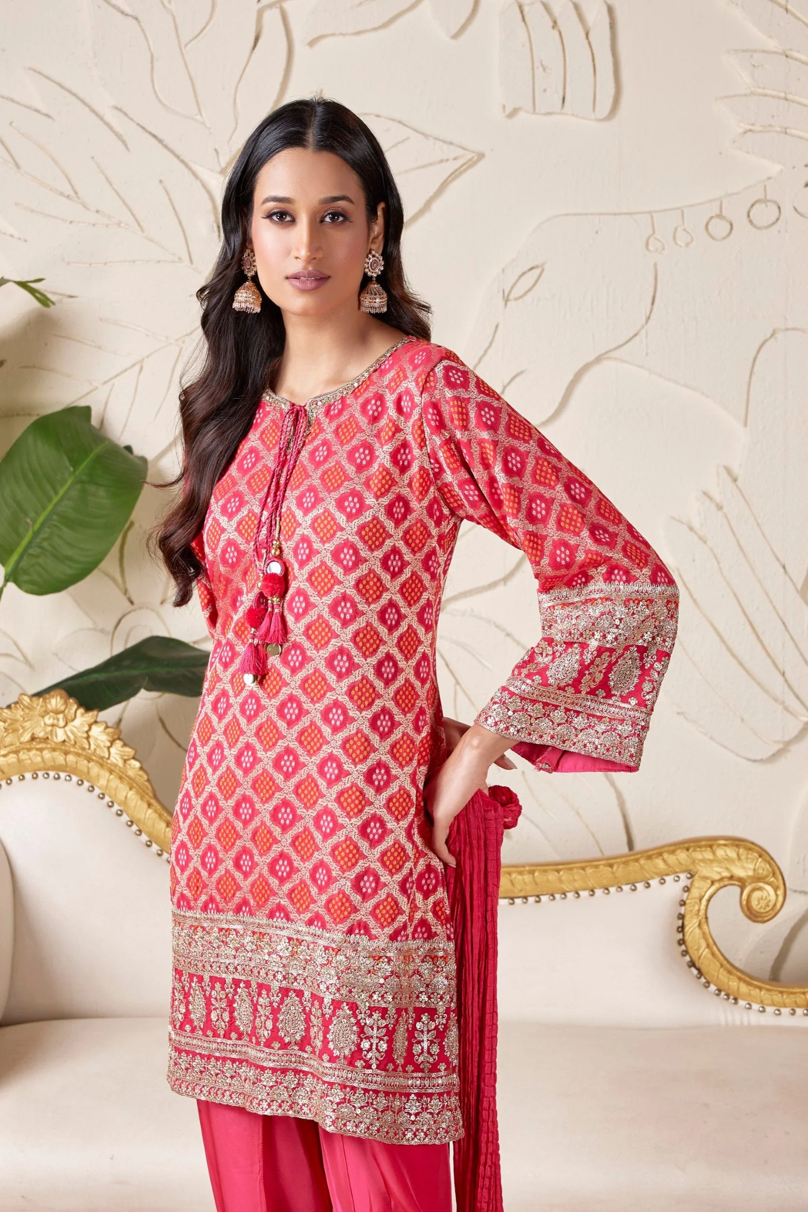 Crimson Red Embellished Brocade Banarasi Silk Dhoti Set - Image 2