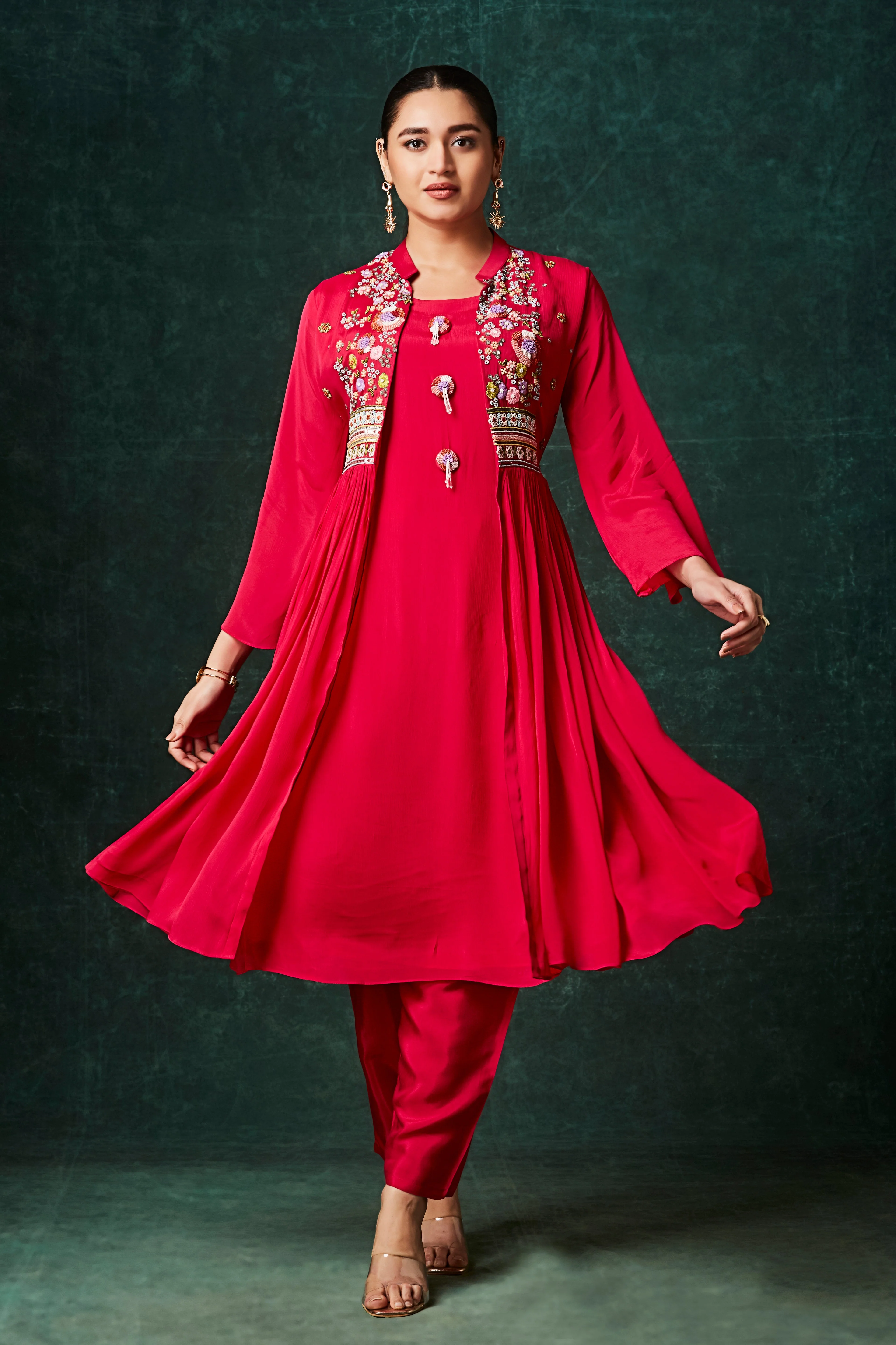 Crimson Red Embellished Chinon Silk Anarkali Set