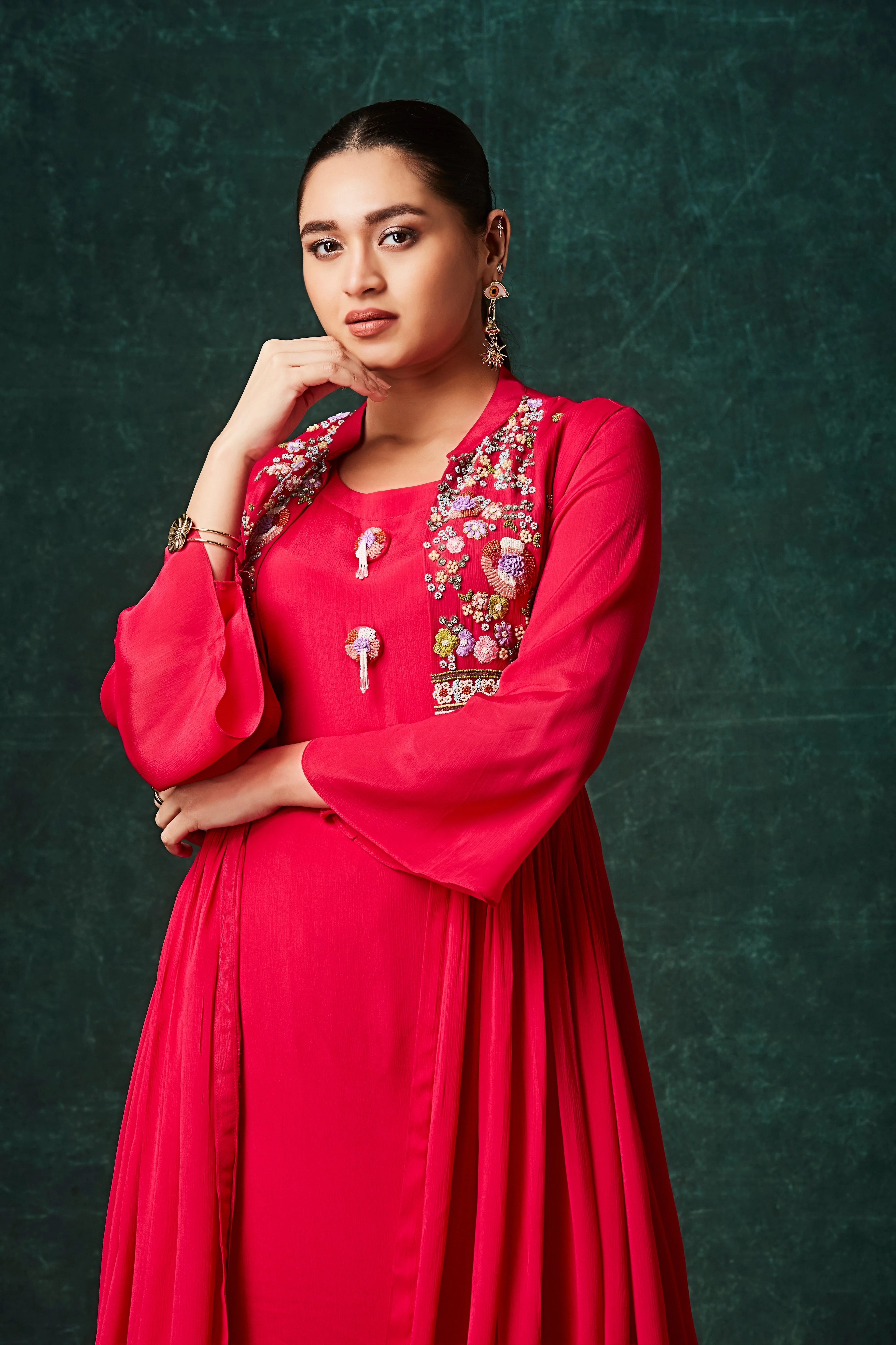 Crimson Red Embellished Chinon Silk Anarkali Set - Image 2